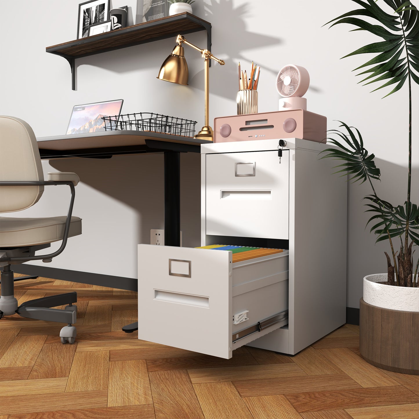 VIYET 28"H 2-Drawer White Narrow Metal Vertical File Cabinet with Lock, Steel Filing Cabinet for Home Office(Assembly Required)