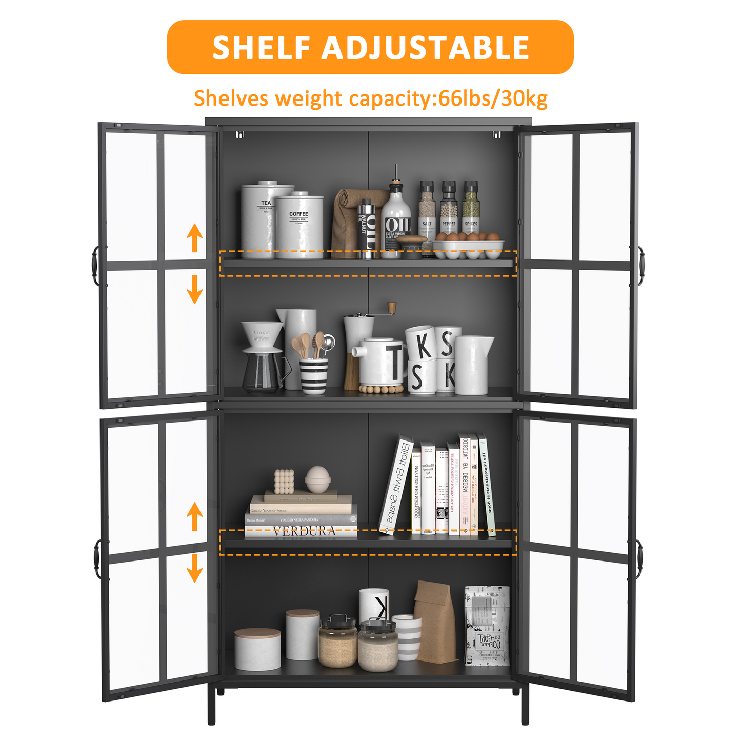 VIYET 63"H Premium Black Metal Storage Cabinet, Tempered Glass Doors + Adjustable Shelves, Anti-Tipping & Magnetic Silent Closure for Home/Office