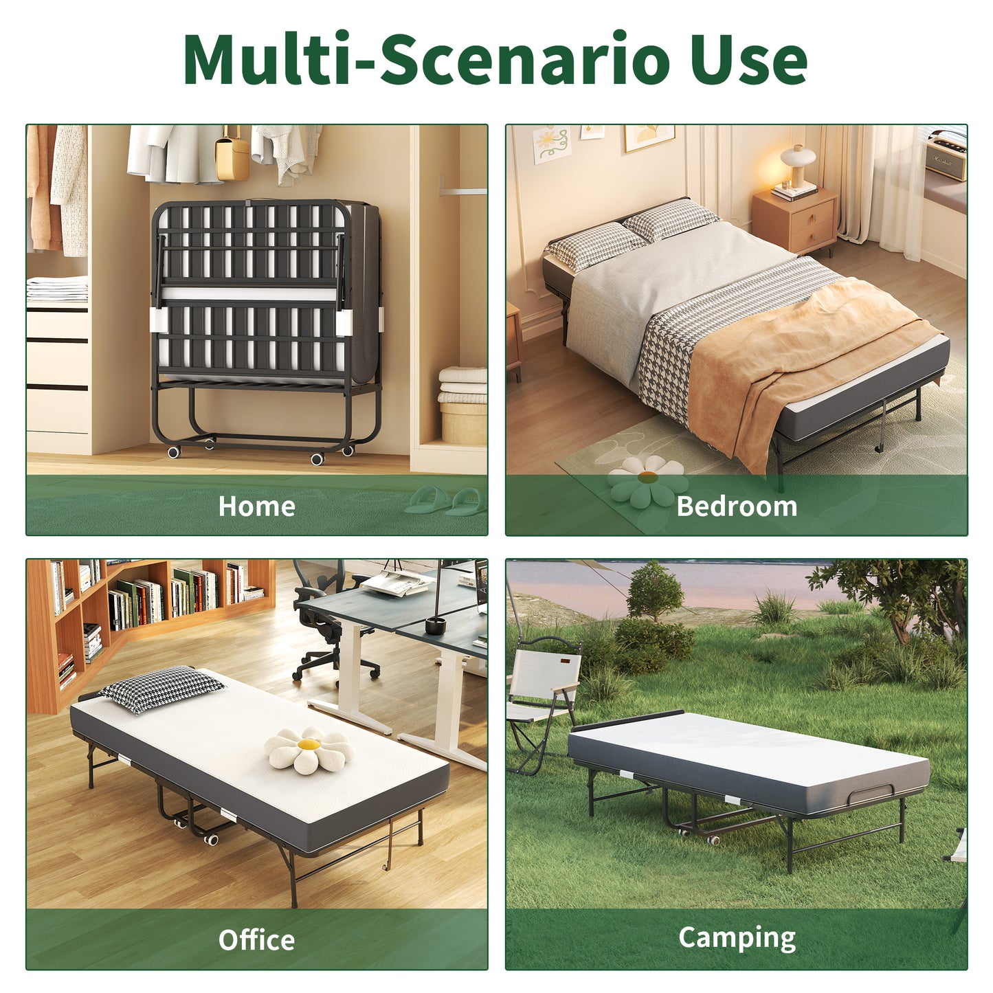 VIYET Twin Folding Rollaway Guest Bed with Adjustable Headboard, 5" Memory Foam Mattress, 450LB Portable Bed with Wheels