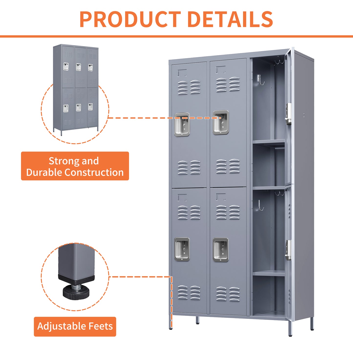 VIYET 72"H 6-Door Metal Locker Cabinet, Gray Steel Storage w/ Independent Locks (for Employee/Gym/Office/School)