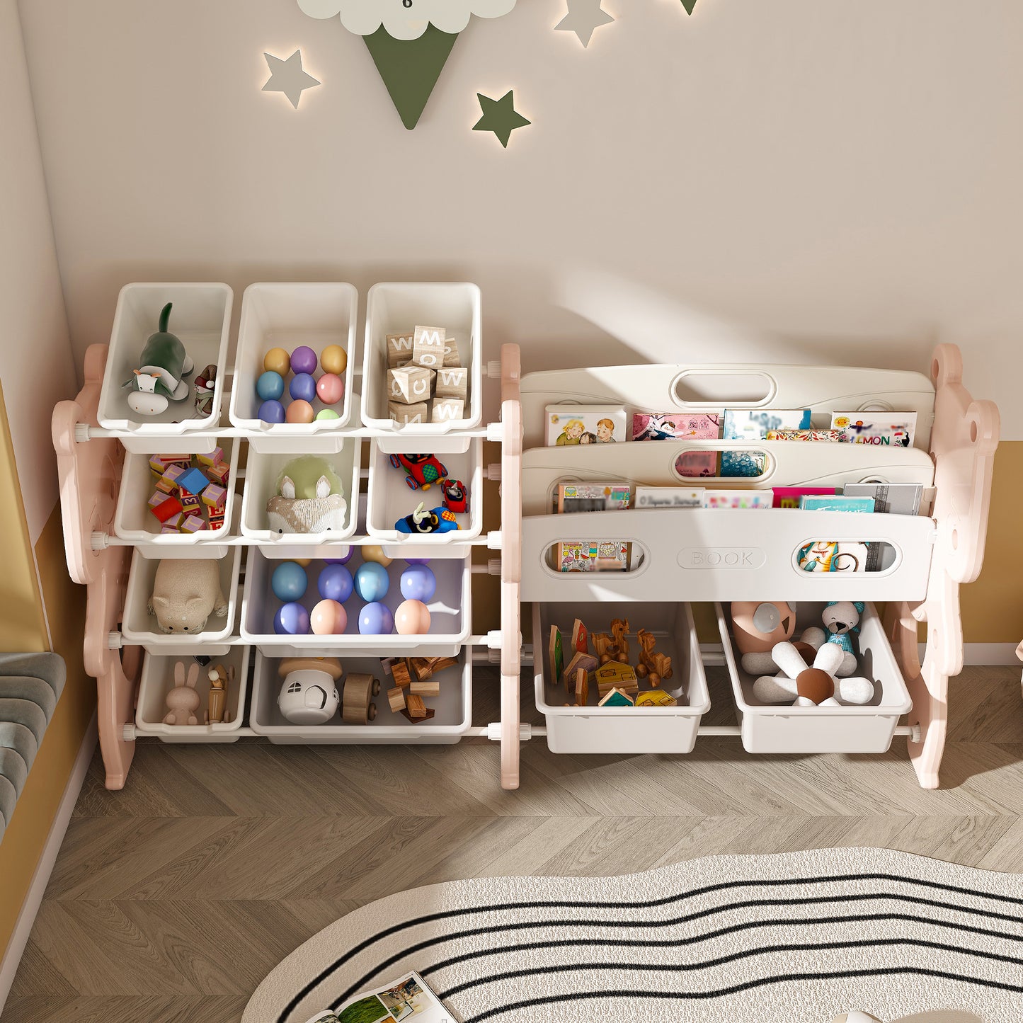 VIYET 34" Kids Toy Storage Organizer, Pink Polyethylene Unit w/ 2-Tier Bookshelf & 12 Toy Bins (Playroom/Bedroom Classroom Organizer)