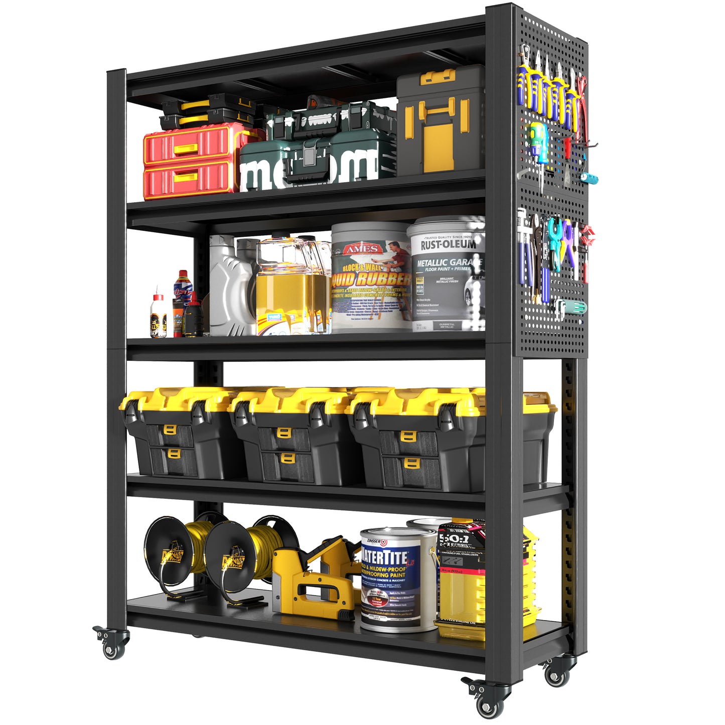 VIYET 78" Rolling Metal Garage Shelving with Pegboard, 5 Tier Adjustable Storage Rack, Heavy Duty Utility Shelf with Locking Wheels, Black