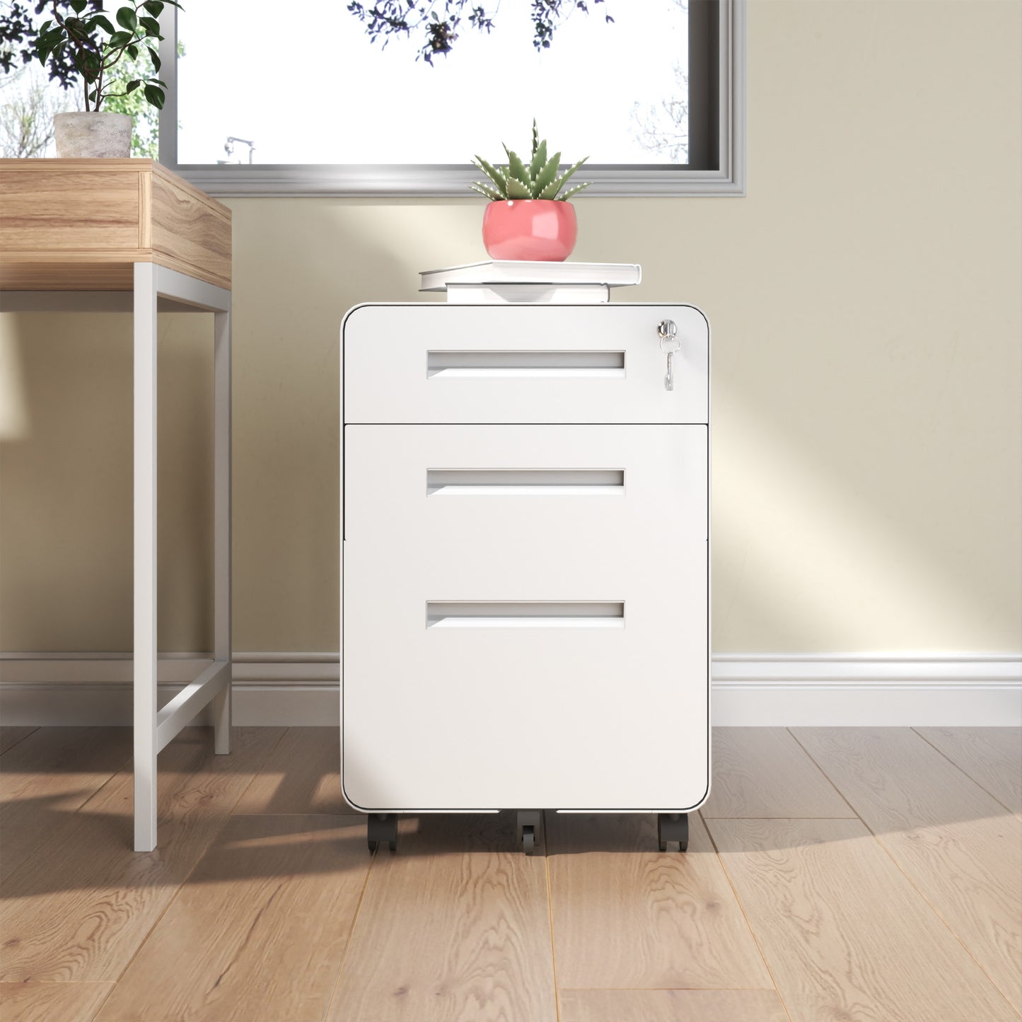 VIYET 3 Drawer Mobile File Cabinet with Lock, Fully Assembled Steel Filing Cabinet on Wheels, Holds A4 & Letter Files, 110 lb Capacity per Drawer