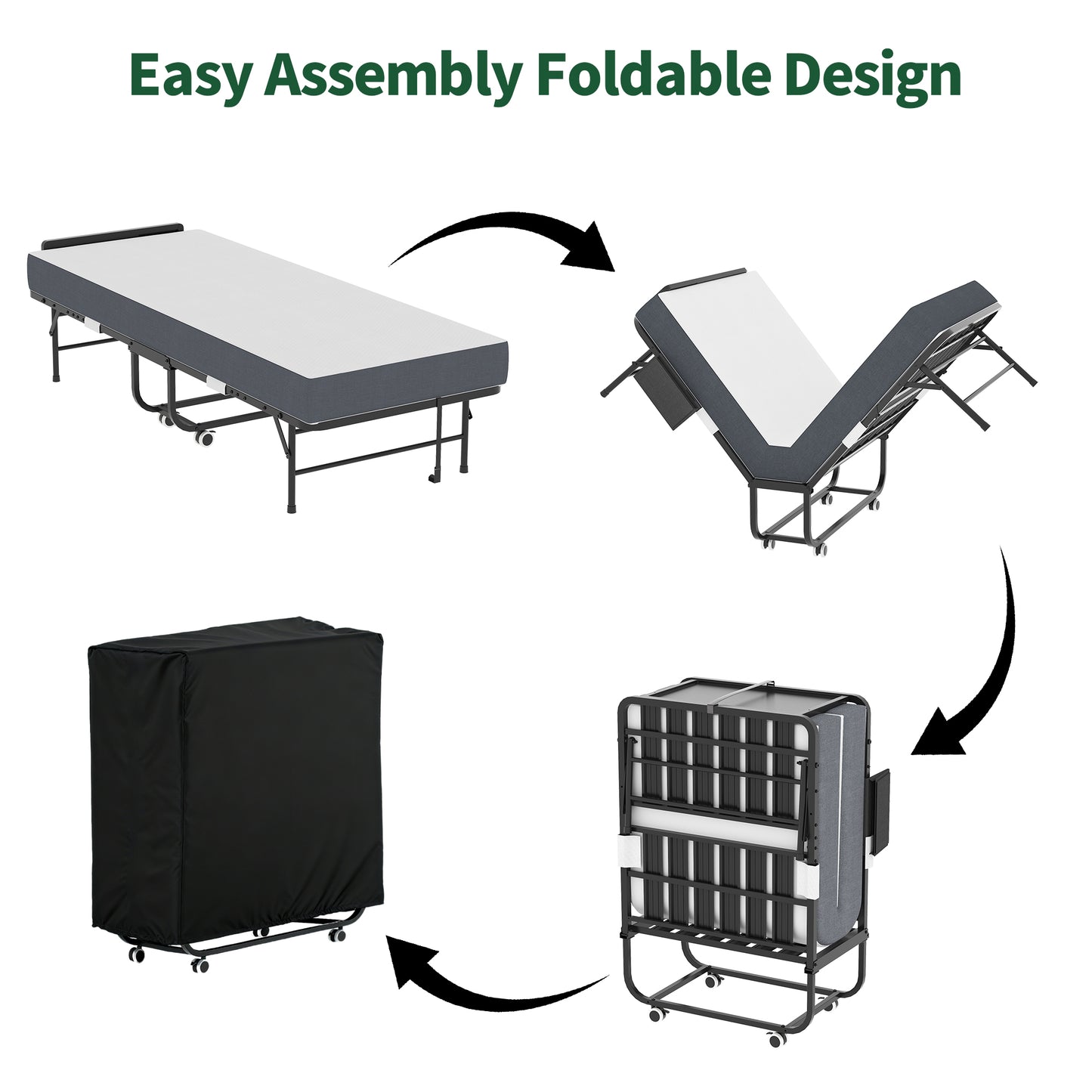 VIYET 75" Folding Rollaway Guest Bed with Adjustable Headboard, 5" Memory Foam Mattress, 450LBS Metal Frame Portable Twin Cot on Wheels