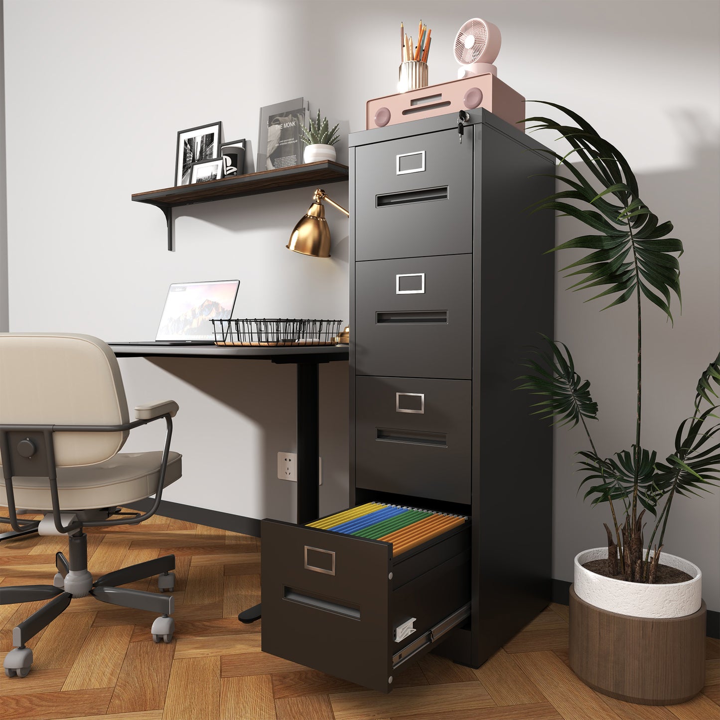 VIYET 52"H 4-Drawer Narrow Metal Vertical File Cabinet with Lock, Black, Fits A4/Letter/Legal, Home Office Steel Filing Cabinet