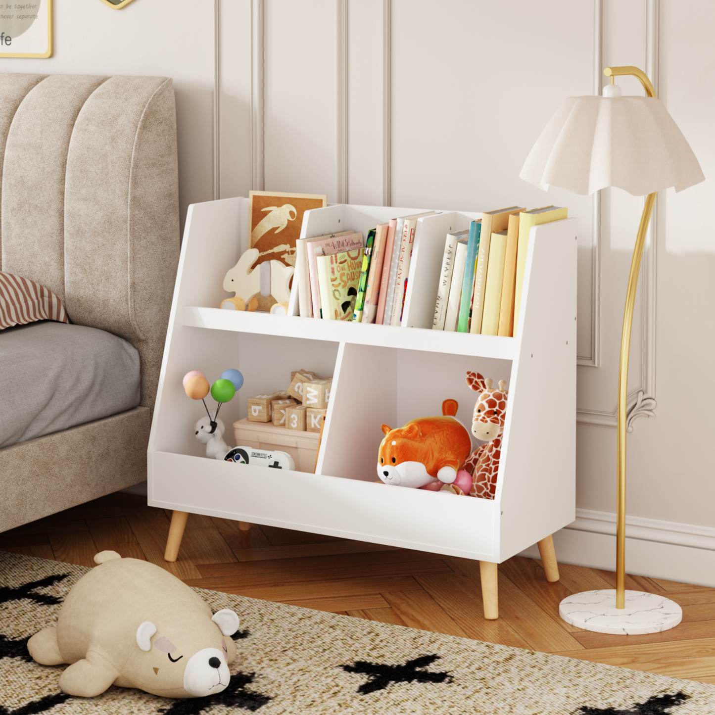 VIYET 28" Kids 5-Cubby Bookshelf Toy Organizer,White Wooden 2-Tier Storage Rack w/ Pine Legs (Anti-Tipping Nursery/Playroom Organizer)