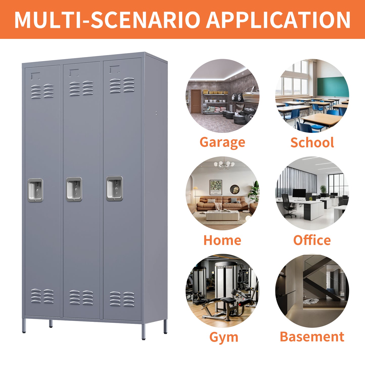 VIYET 72" 3-Door Metal Locker Cabinet, Gray Steel Storage w/ Independent Locks (Employee/Gym/Office/School Organizer)
