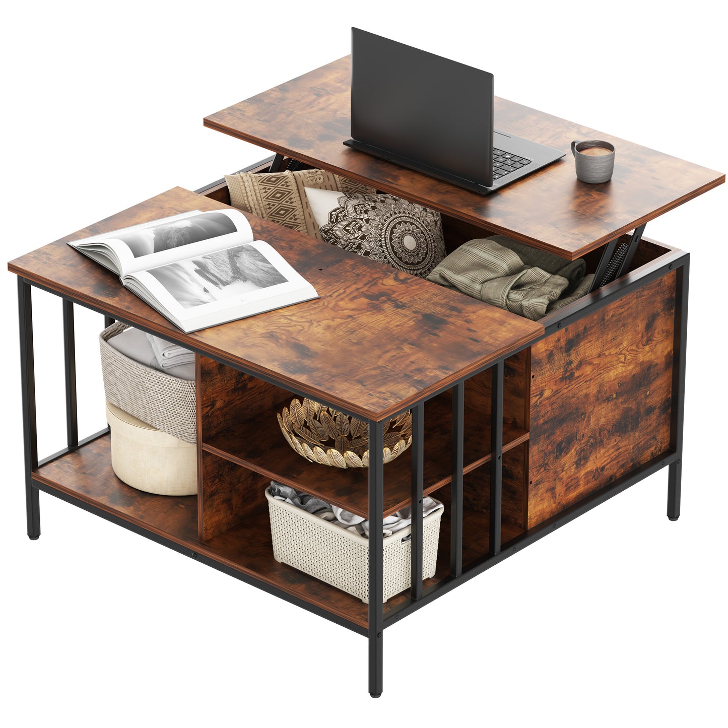 VIYET 32"H Farmhouse Lift Top Coffee Table,Adjustable Height(20.3"-25.6")with Hidden Compartment&3 Shelves,110LBS Capacity for Living Room(Black+Brown)