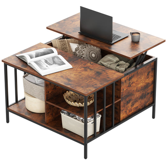 VIYET Lift Top Coffee Table with Storage, Adjustable Height Farmhouse Coffee Table with Hidden Compartment for Living Room