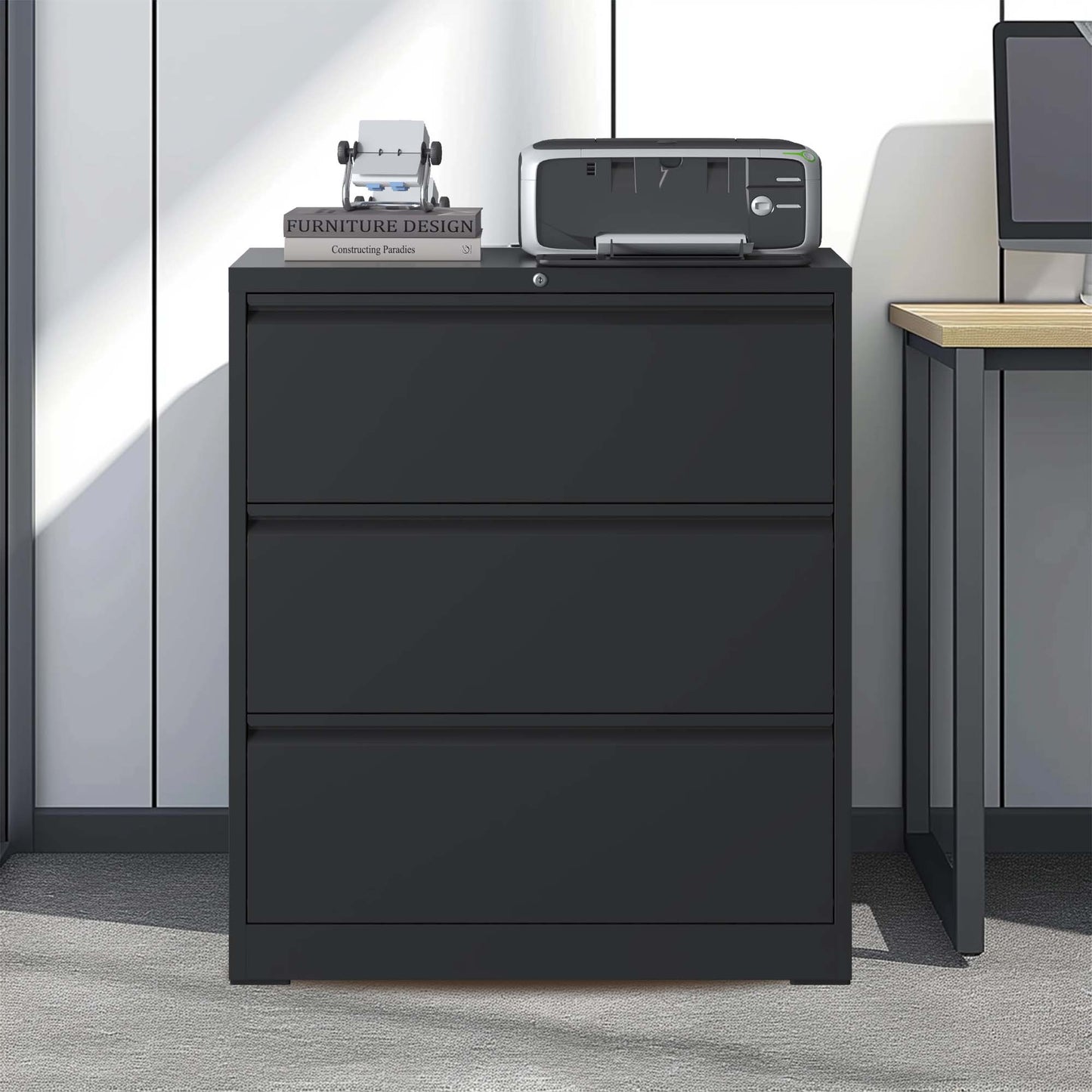 VIYET Heavy-Duty 3-Drawer Lockable Lateral File Cabinet, Anti-Tilt Metal Office Storage for Letter, Legal & A4 Documents