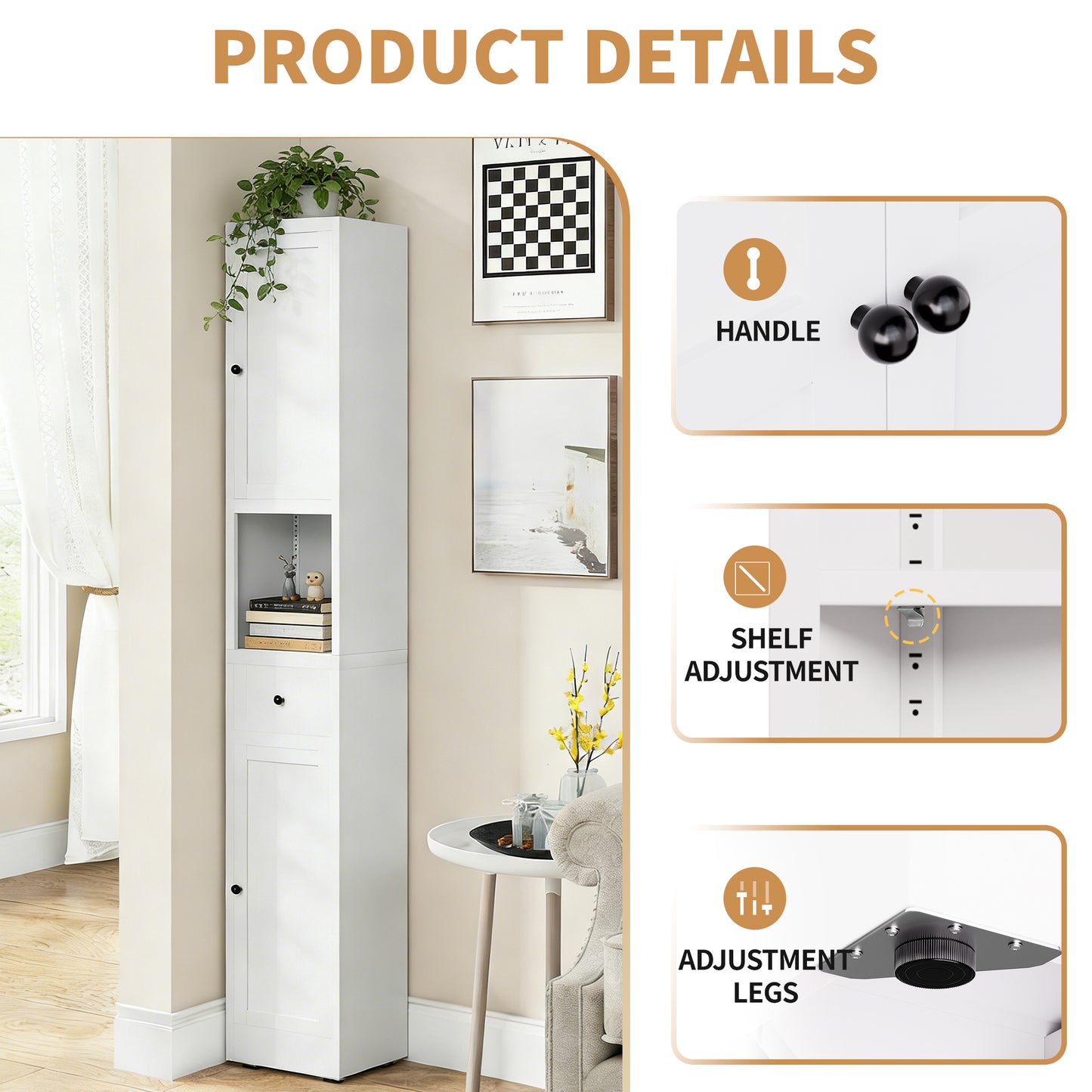 VIYET 71" Tall Bathroom Storage Cabinet, Narrow Metal Linen Cabinet with 2 Doors, Adjustable Shelves, Freestanding Storage Organizer