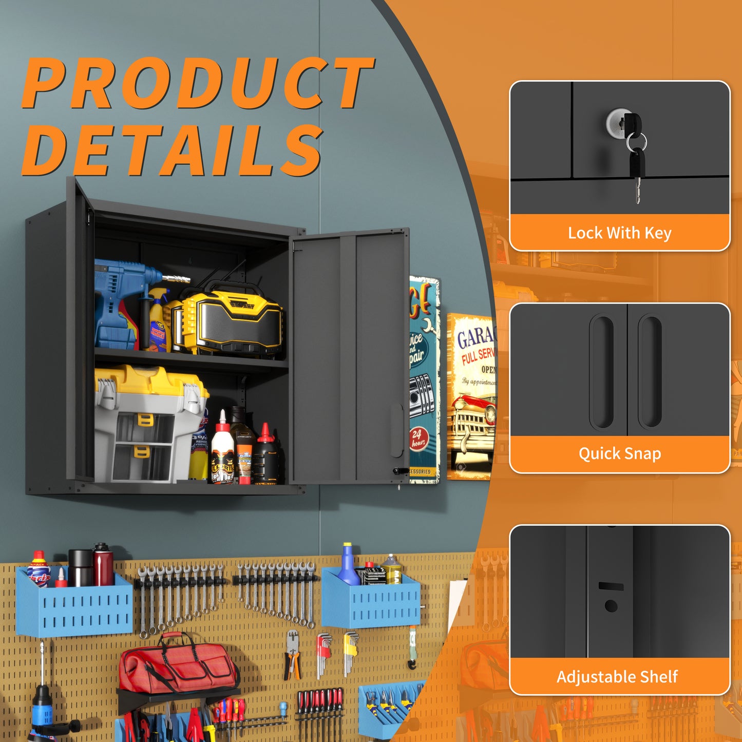 VIYET 30"H Wall-Mounted Metal Tool Storage Cabinet,2 Locking Doors,1 Adjustable Shelf&1 Open Drawer, for Garage/Office/Warehouse, Assembly Required