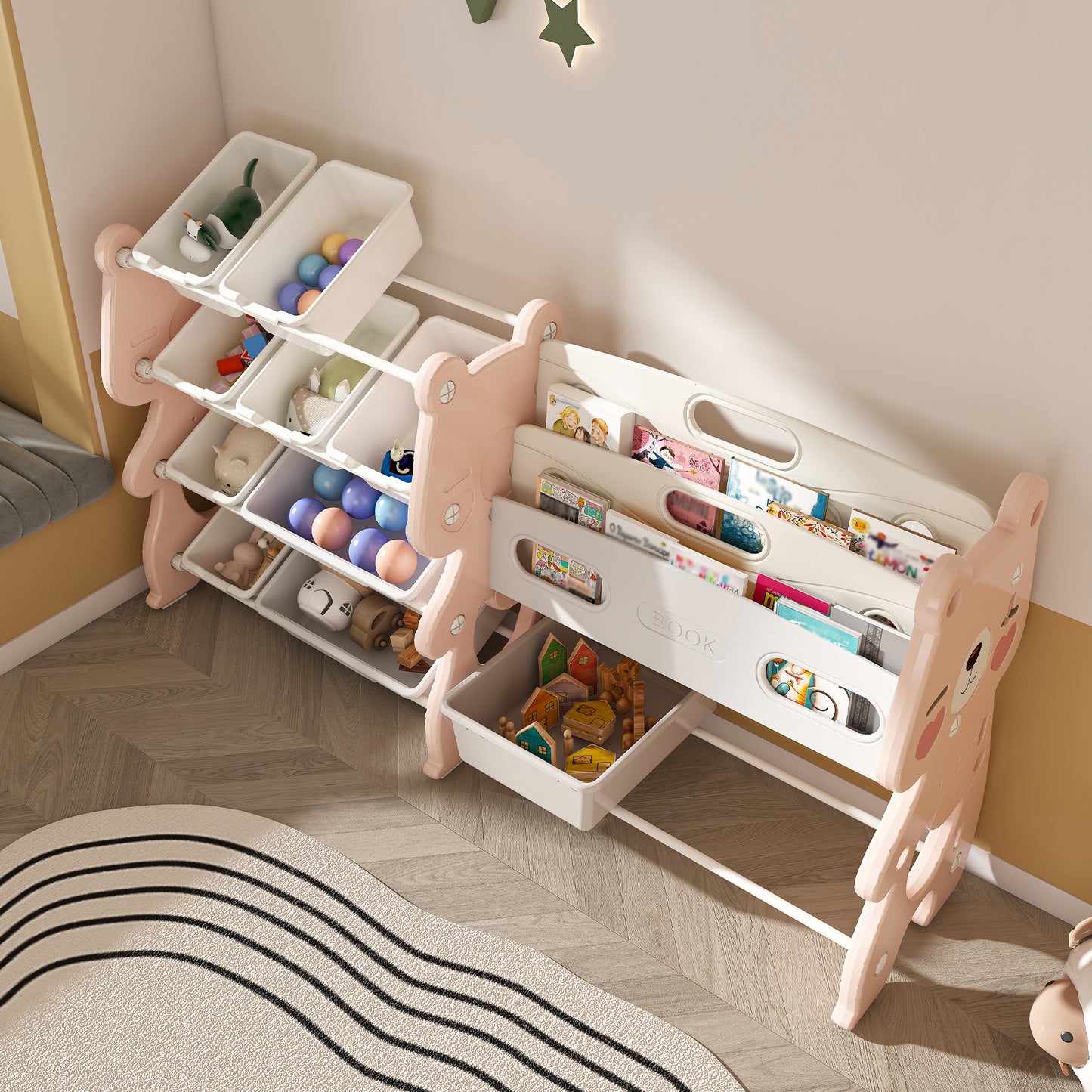 VIYET 34" Kids Toy Storage Organizer, Pink Polyethylene Unit w/ 2-Tier Bookshelf & 12 Toy Bins (Playroom/Bedroom Classroom Organizer)