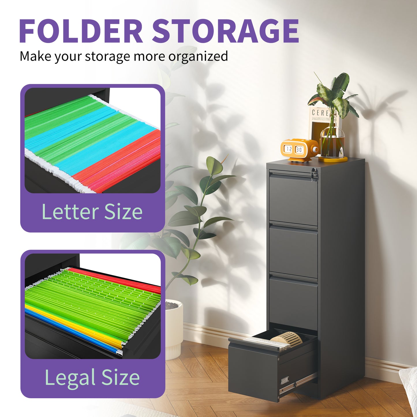 VIYET 52" 4-Drawer Metal Vertical File Cabinet with Lock, Tall Slim Locking Filing Cabinet for Home Office, Fits Letter, Legal & A4 Files