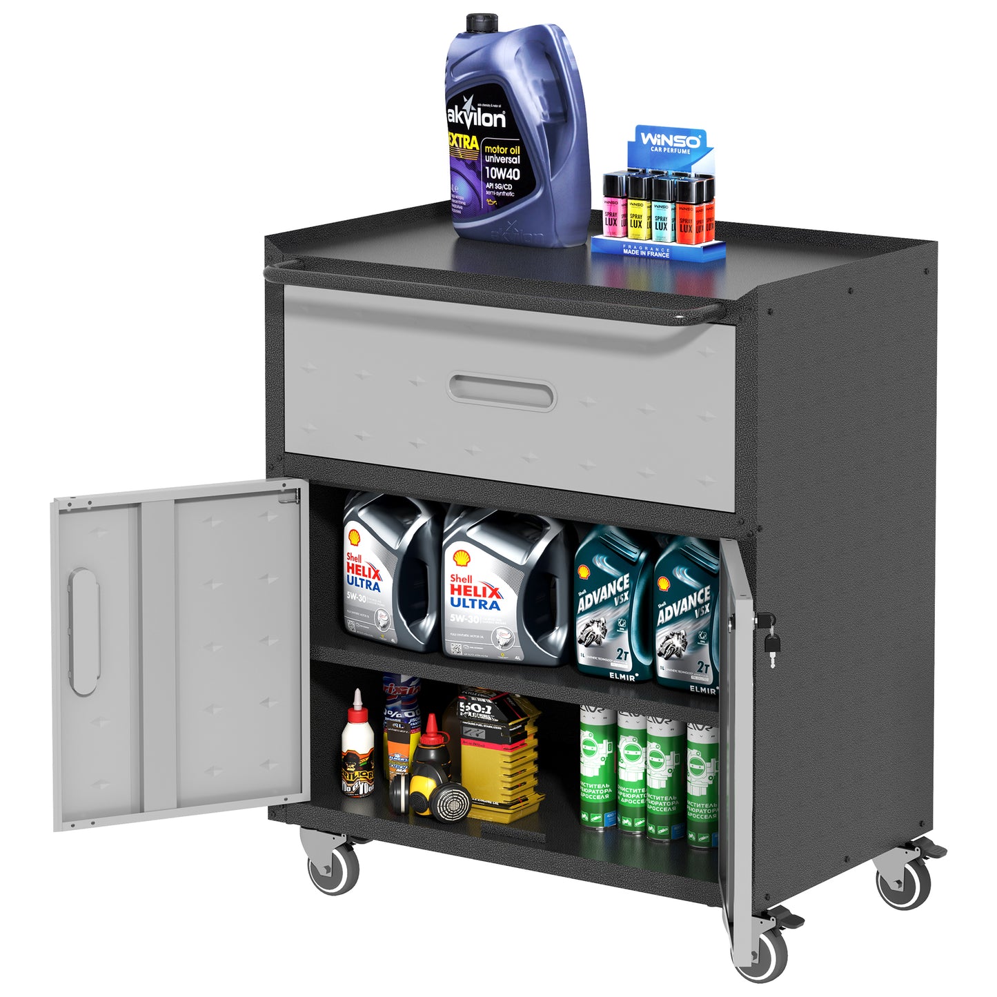 VIYET 35"H Heavy-Duty Mobile Steel Tool Cabinet, 360° Lockable Casters, 3-Sided Top Fence, Garage/Home/Office/Workshop, Black+Gray