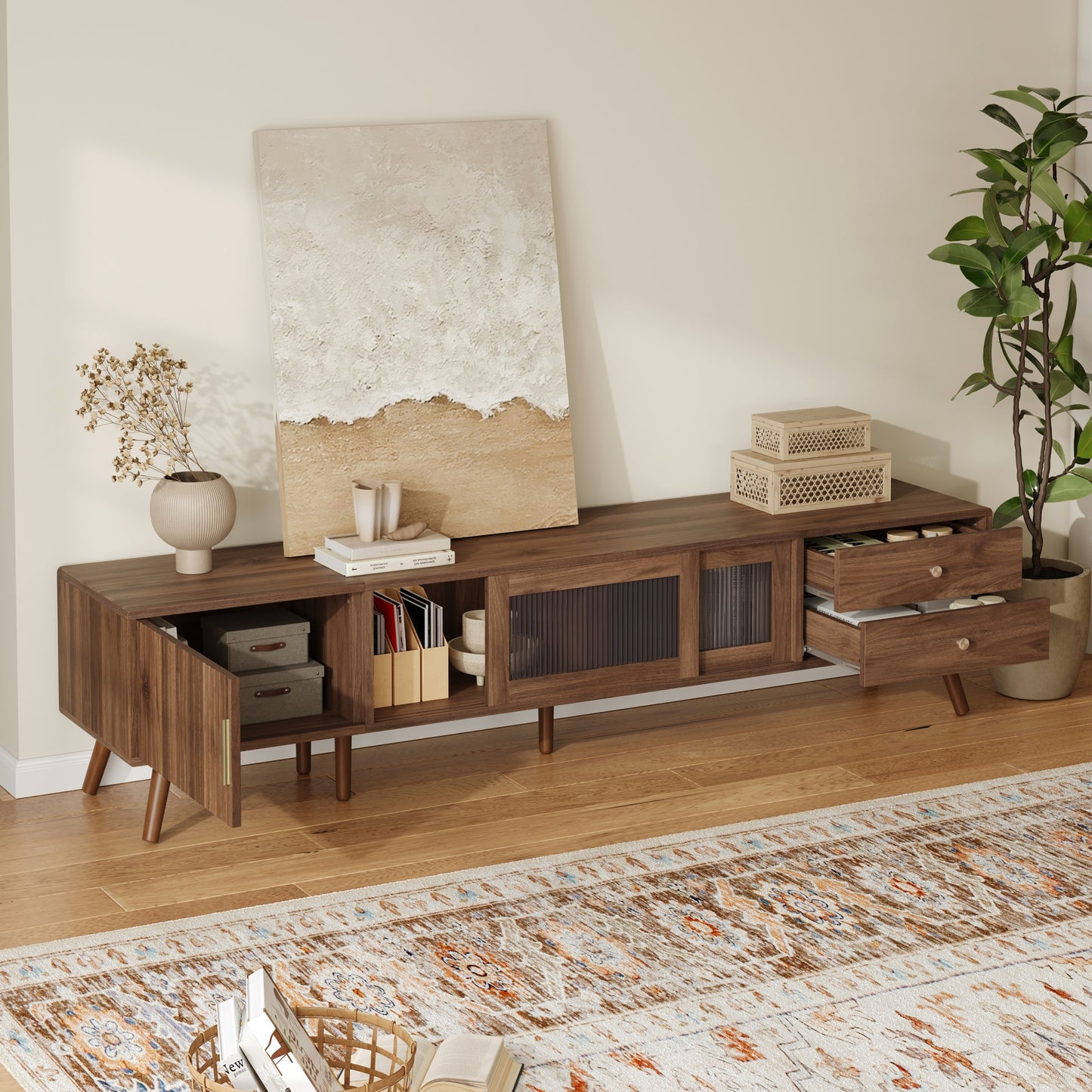 VIYET 77"Modern Minimal TV Stand, Wood-Grain Glass-Door Media Console (for TVs up to 85"), Solid Wood+MDF Storage Cabinet