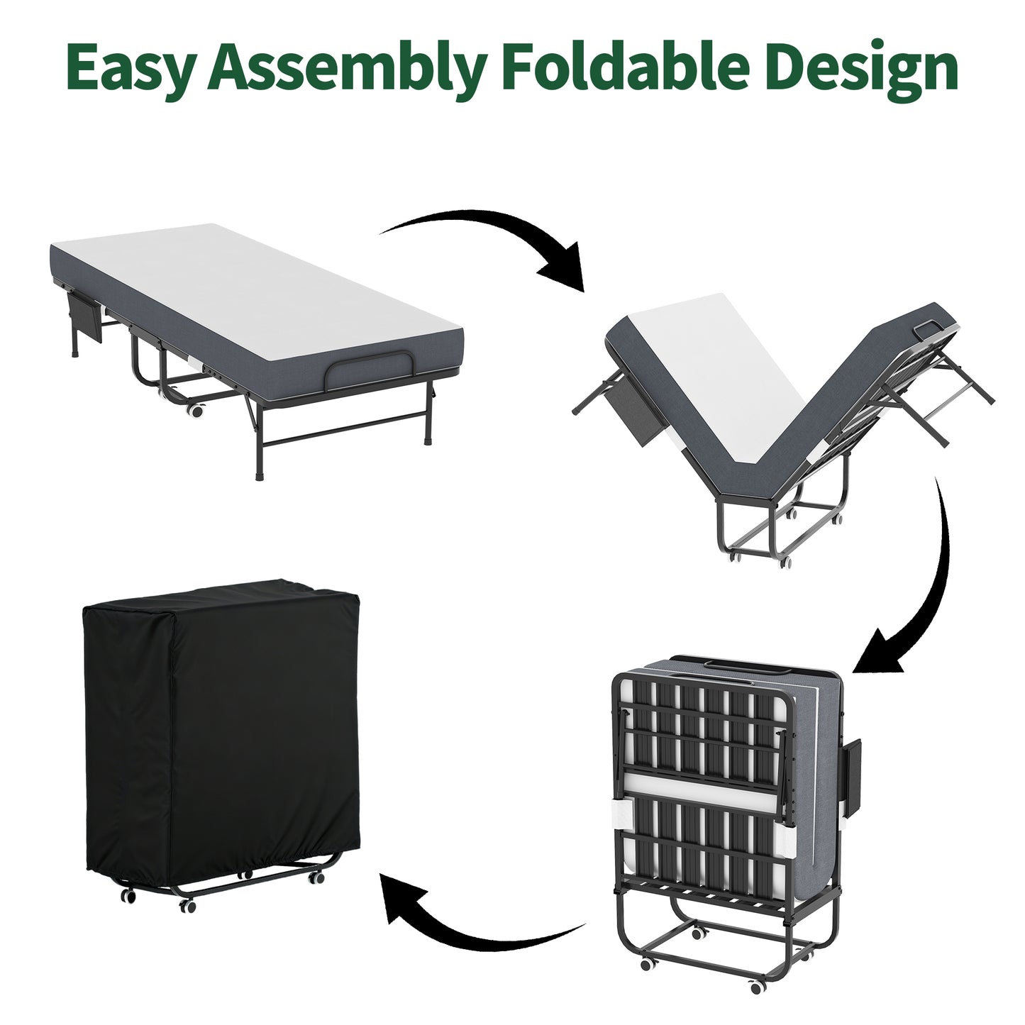 VIYET Twin Folding Rollaway Guest Bed with Side Storage Pocket, 5" Memory Foam Mattress, 450LB Heavy Duty Bed with Wheels