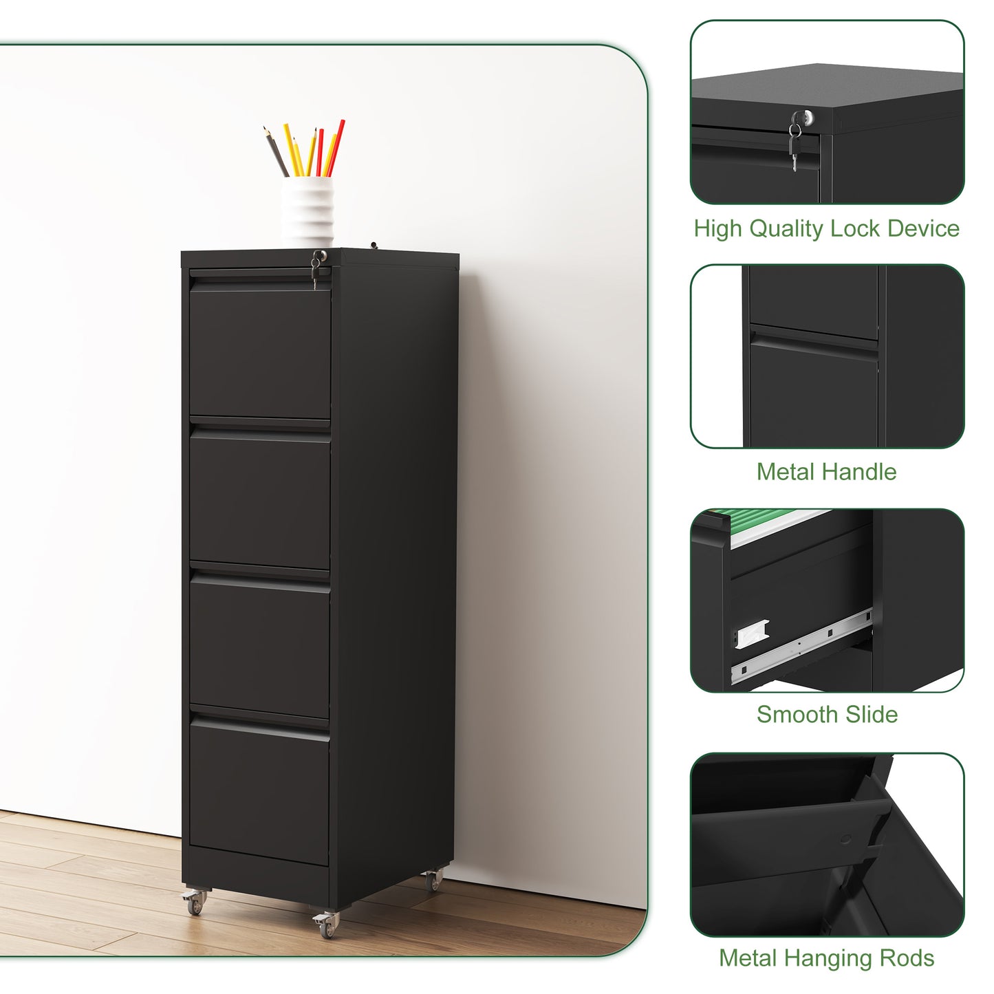 VIYET 52"H 4-Drawer Locking Vertical File Cabinet on Wheels, Black Heavy-Duty Metal Cabinet for Home/Office, Fits Legal/Letter