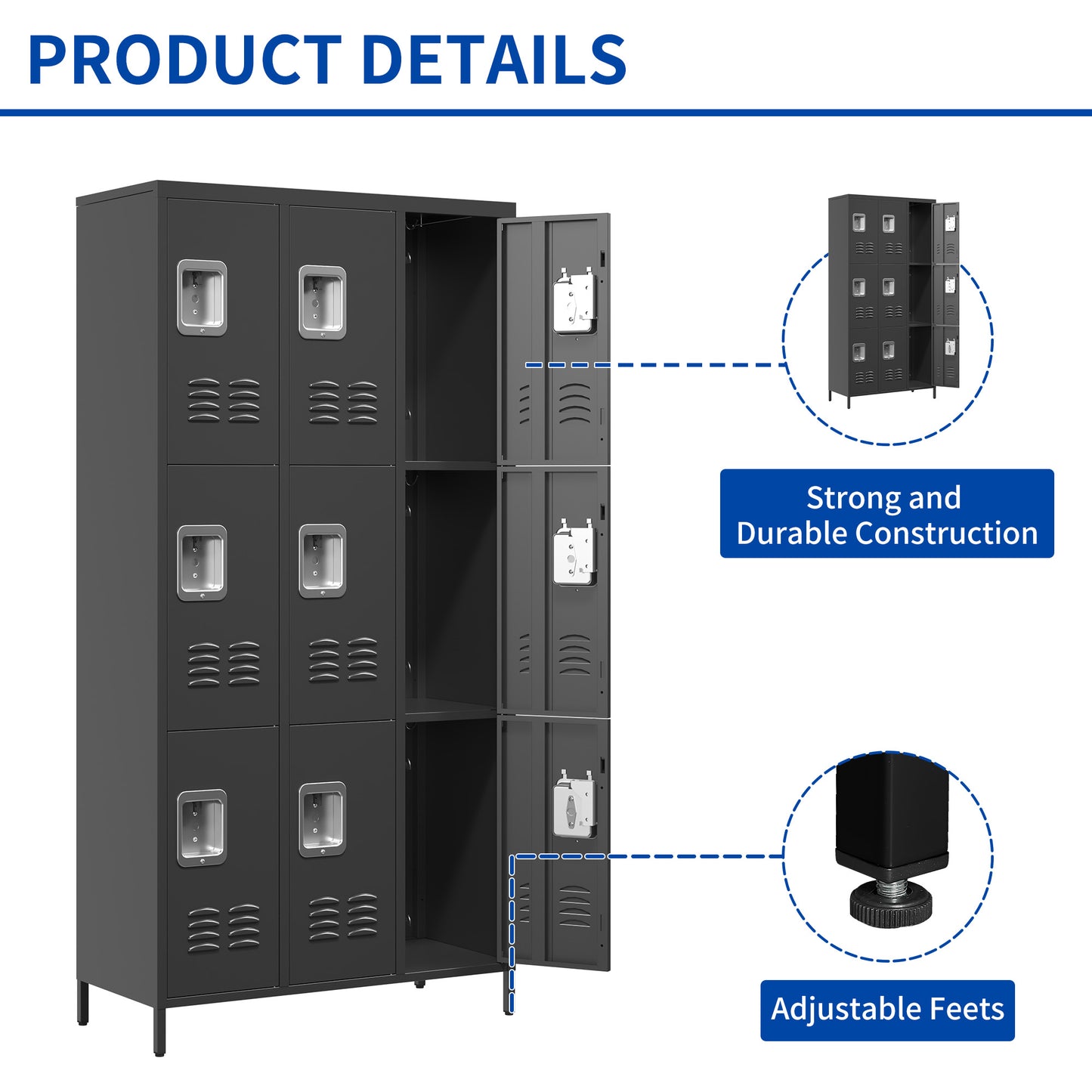 VIYET 72" 9 Door Metal Storage Locker Cabinet with Locks, Freestanding Steel Employee Locker for School, Office, Gym & Garage, Black