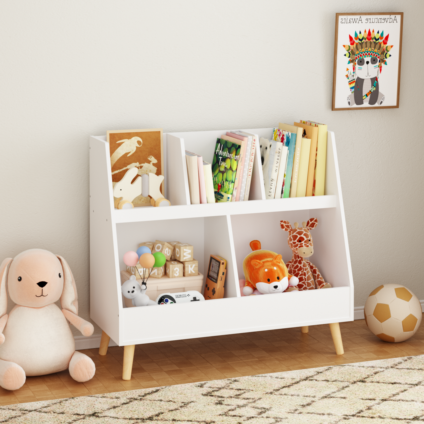 VIYET 28" Kids 5-Cubby Bookshelf Toy Organizer,White Wooden 2-Tier Storage Rack w/ Pine Legs (Anti-Tipping Nursery/Playroom Organizer)
