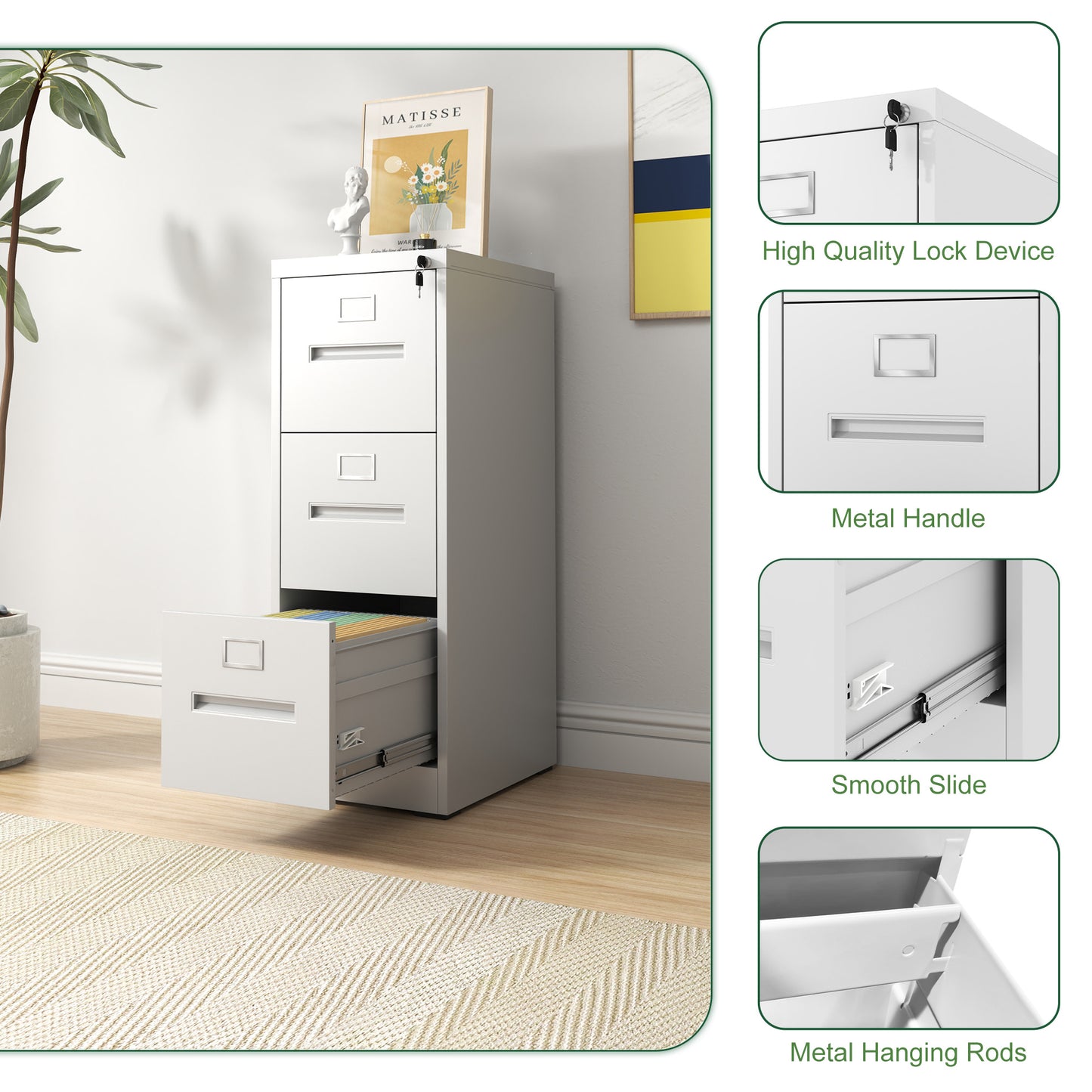 VIYET 40"H 3-Drawer White Narrow Metal Vertical File Cabinet with Lock, Steel Filing Cabinet for Home Office, Fits A4/Legal/Letter (Assembly Required)