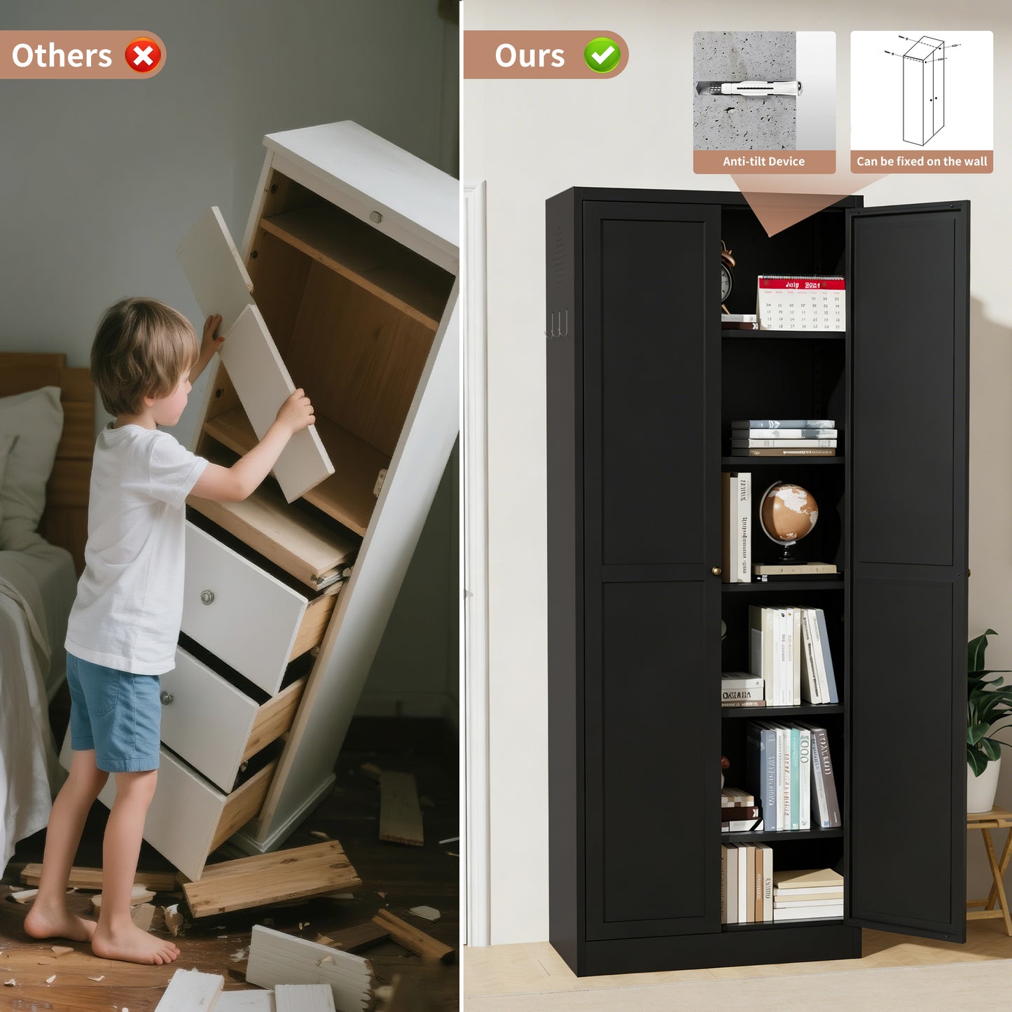 VIYET 72" Black Metal Kitchen Pantry Cabinet with Doors, 5 Adjustable Shelves, Heavy-Duty Tool-Free Freestanding Organizer