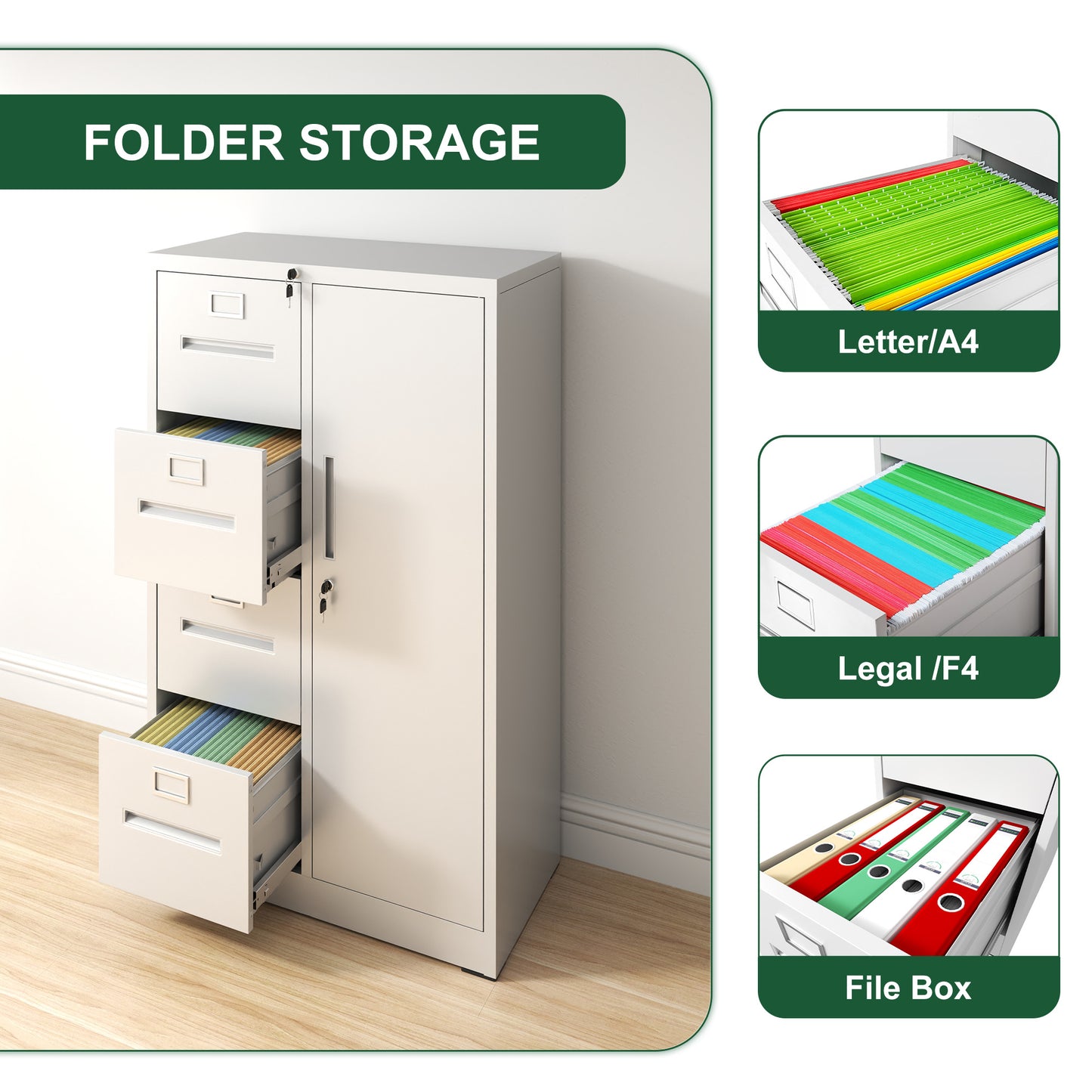 VIYET 4-Drawer Locking Metal File Cabinet, Vertical Filing Cabinet for Home Office Storage, White Steel Office Cabinet