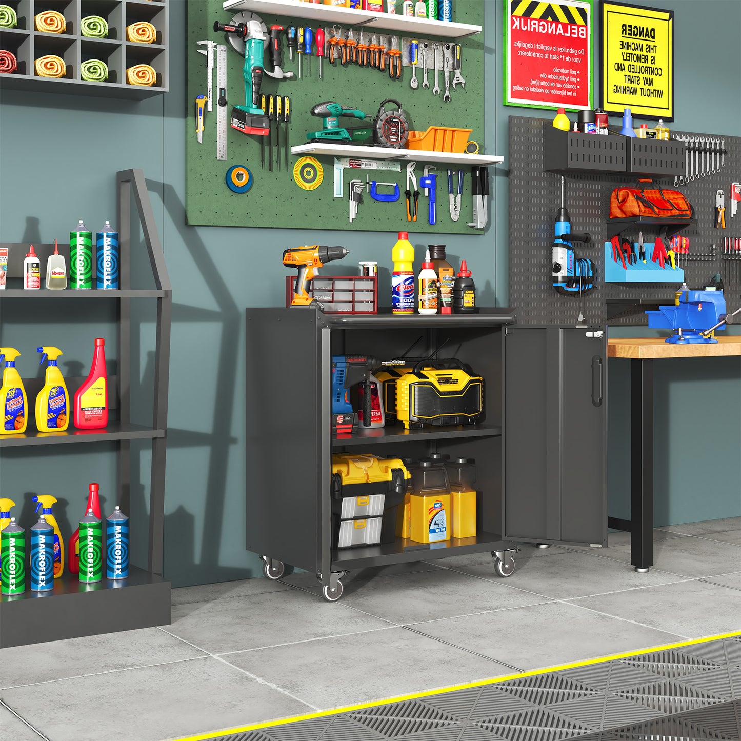 VIYET 31"H Heavy-Duty Mobile Steel Cabinet,Lockable (2 Keys)+Adjustable Shelf,360° Silent Casters, DIY Worktop, Garage/Home/Office/Kitchen