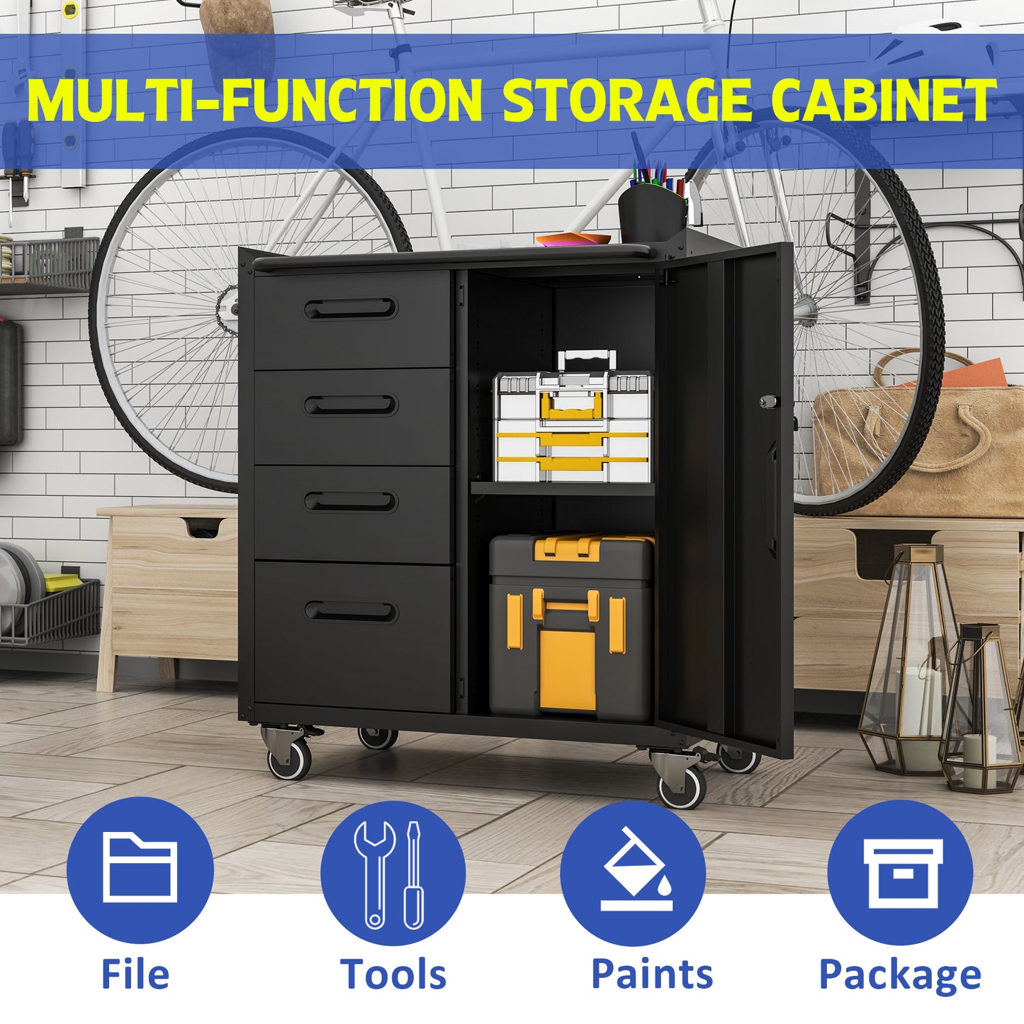 VIYET 35"H Heavy-Duty Mobile Steel Tool Cabinet, Categorized Drawers, Lockable Adjustable Shelf, 360° Casters, Black+Gray, Garage/Home/Office/Workshop