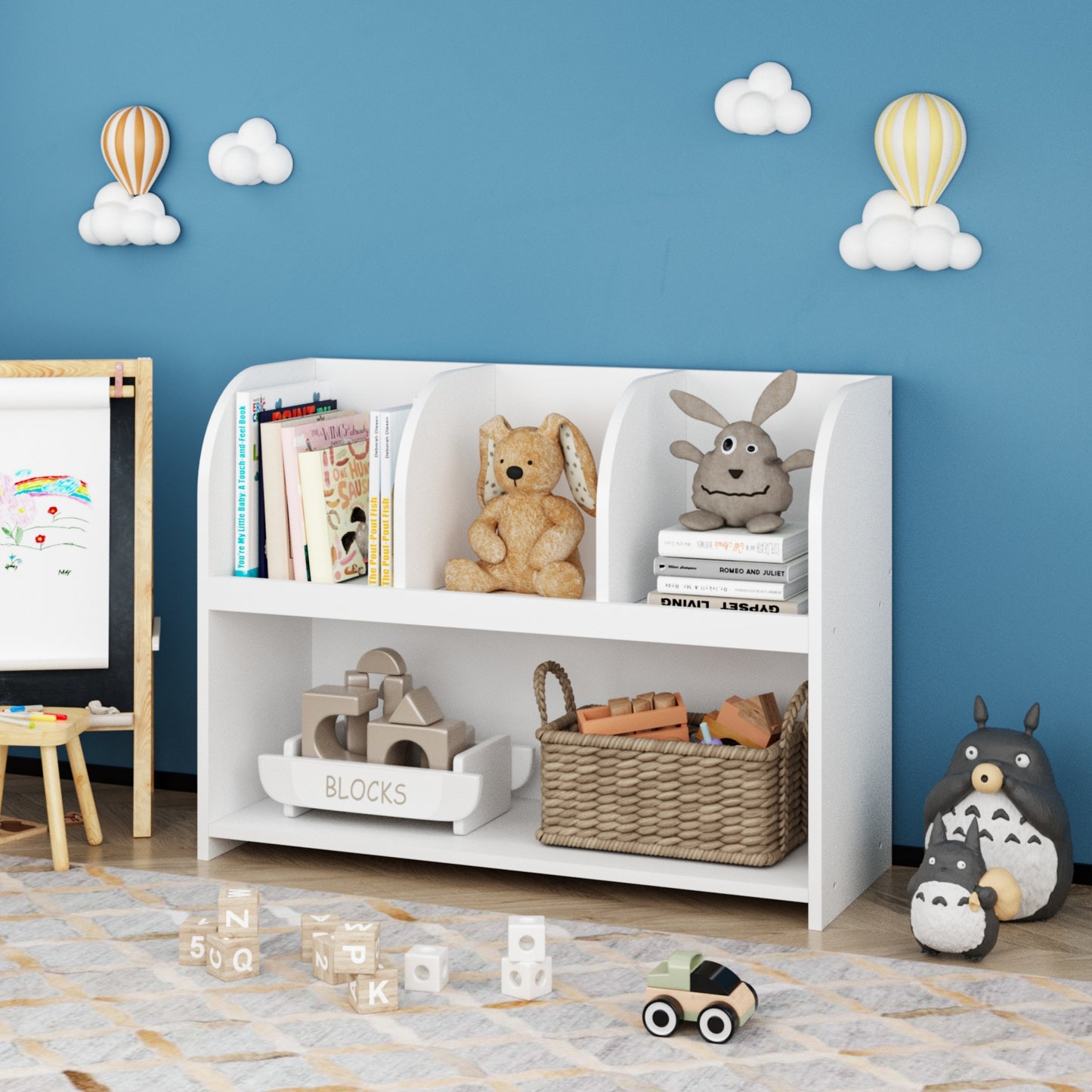 VIYET 24" Kids 4-Compartment Bookcase, White MDF Storage Display Rack (Anti-Tipping Toy Organizer for Playroom/Nursery)