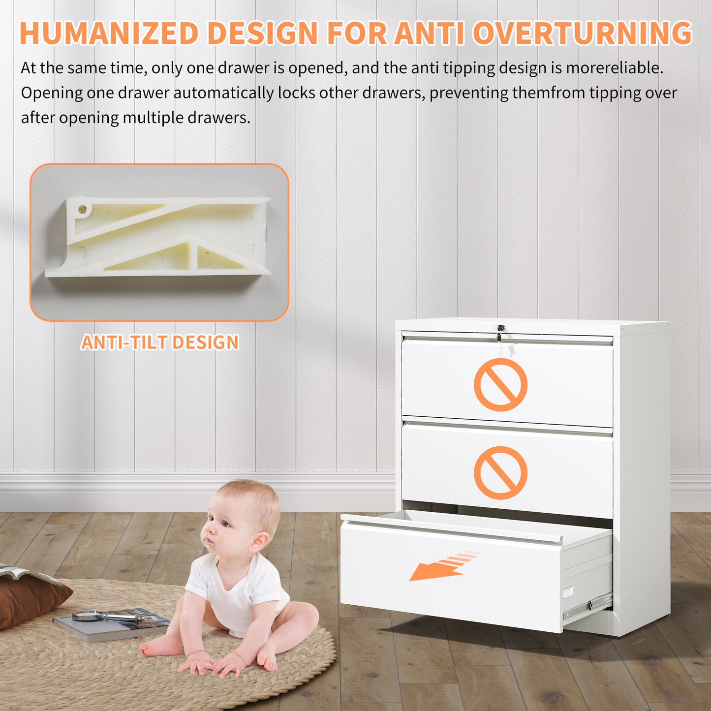 VIYET - 35"W 3-Drawer Lateral File Cabinet with Lock, Metal Filing Cabinet for Home Office, Fits Legal/Letter/A4/F4, White