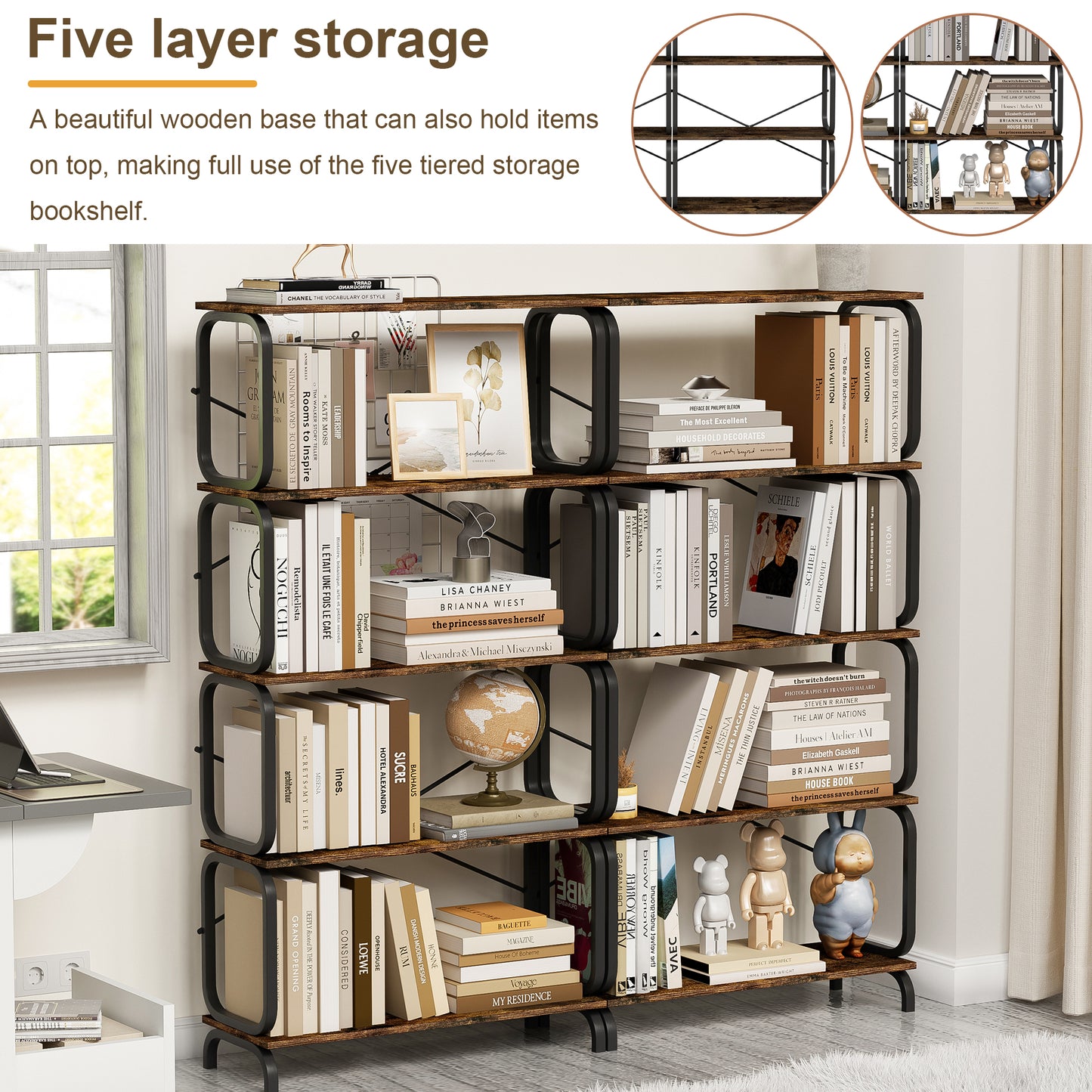 VIYET 63"×11.8"×63" 5-Tier Industrial Bookshelf - Rustic Brown MDF+Iron Frame, Anti-Tipping