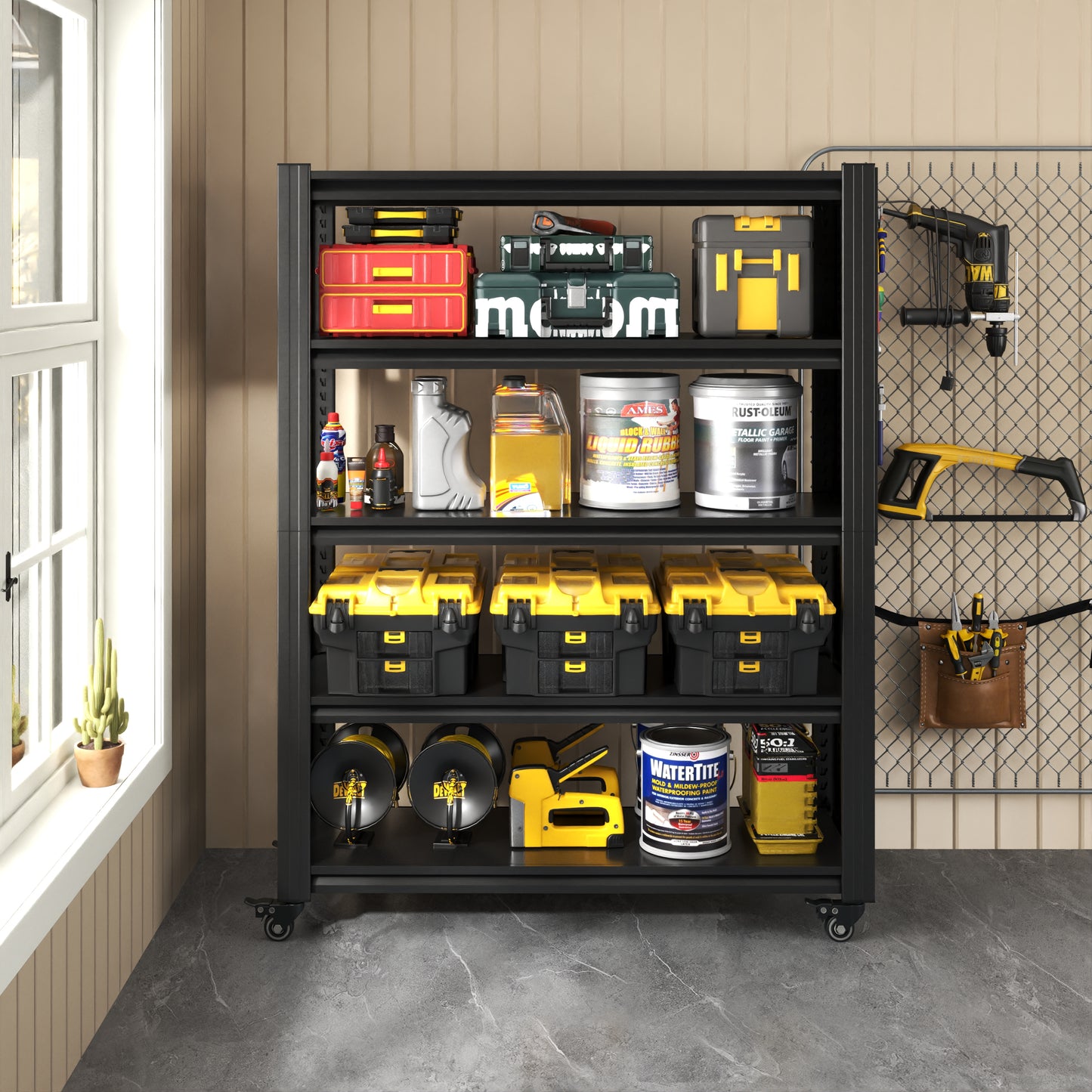 VIYET 78" Rolling Metal Garage Shelving with Pegboard, 5 Tier Adjustable Storage Rack, Heavy Duty Utility Shelf with Locking Wheels, Black