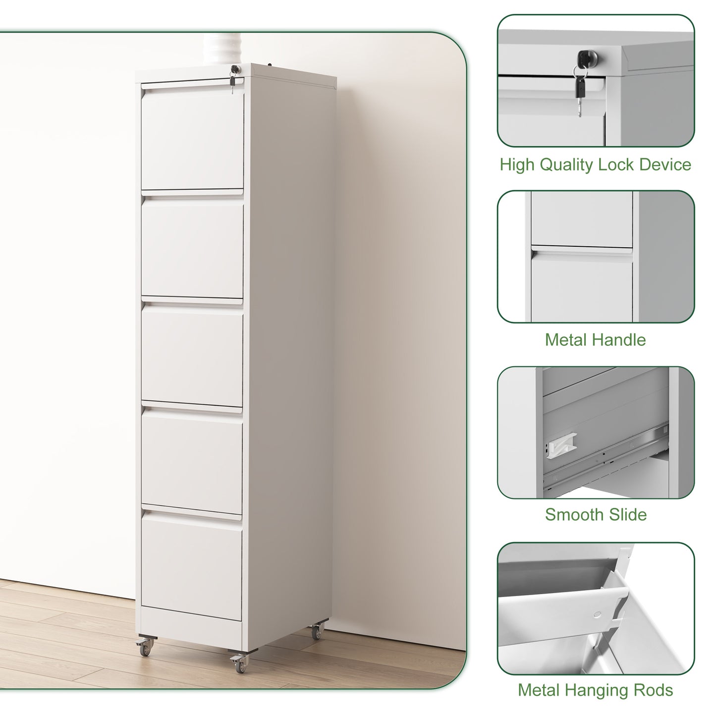 VIYET 64"H 5-Drawer White Metal Vertical File Cabinet with Lock&Wheels, Heavy-Duty Storage for Home Office, Fits A4/Letter/Legal (Assembly Required)