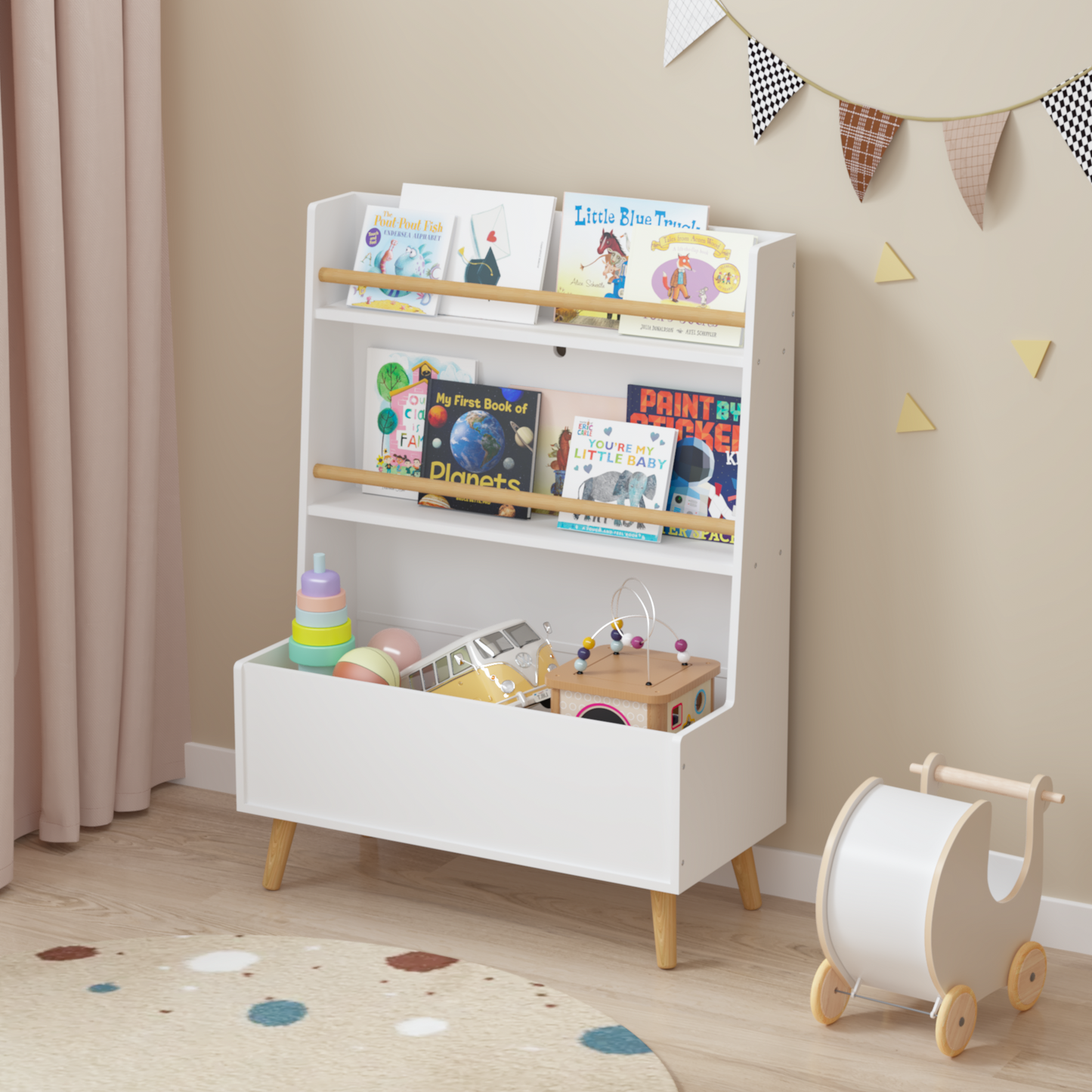 VIYET 37" Kids Bookshelf & Toy Organizer - White MDF+Pine Legs, 2 Shelves, Storage Bin, Anti-Tipping