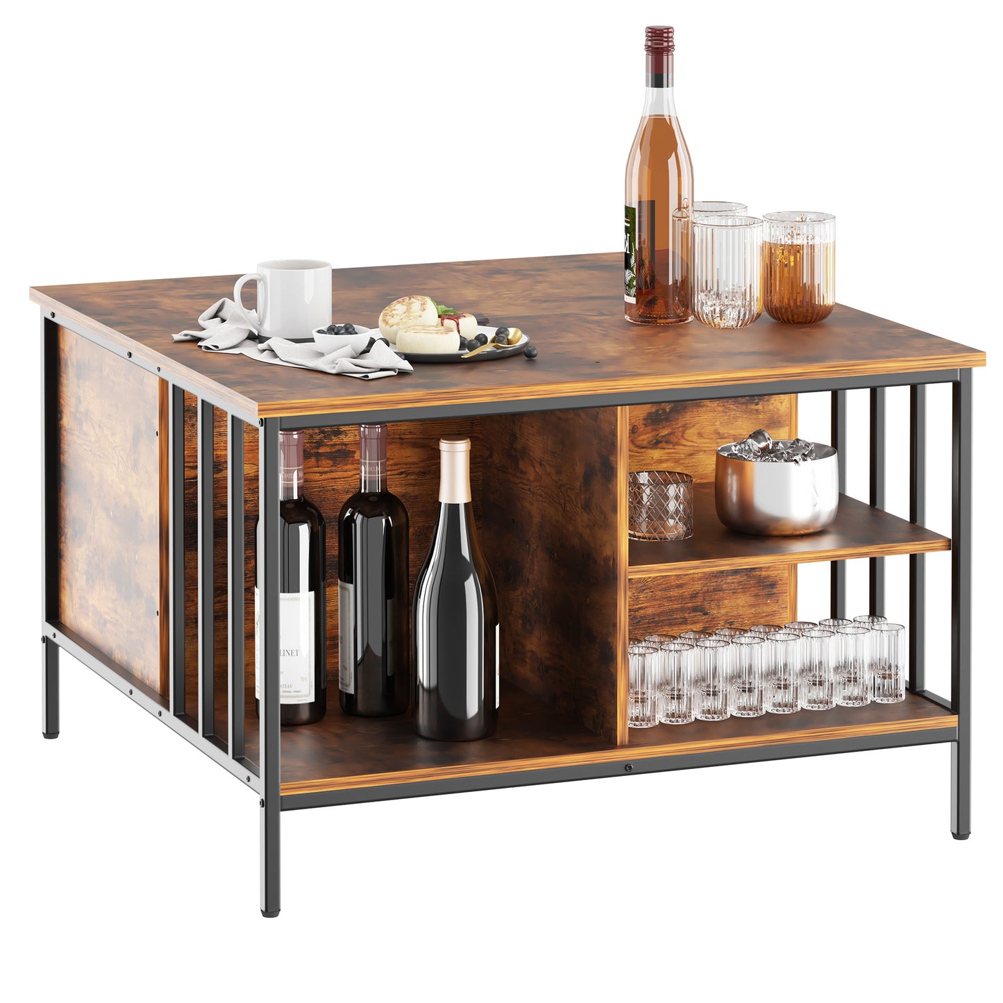 VIYET 32"H Farmhouse Lift Top Coffee Table,Adjustable Height(20.3"-25.6")with Hidden Compartment&3 Shelves,110LBS Capacity for Living Room(Black+Brown)