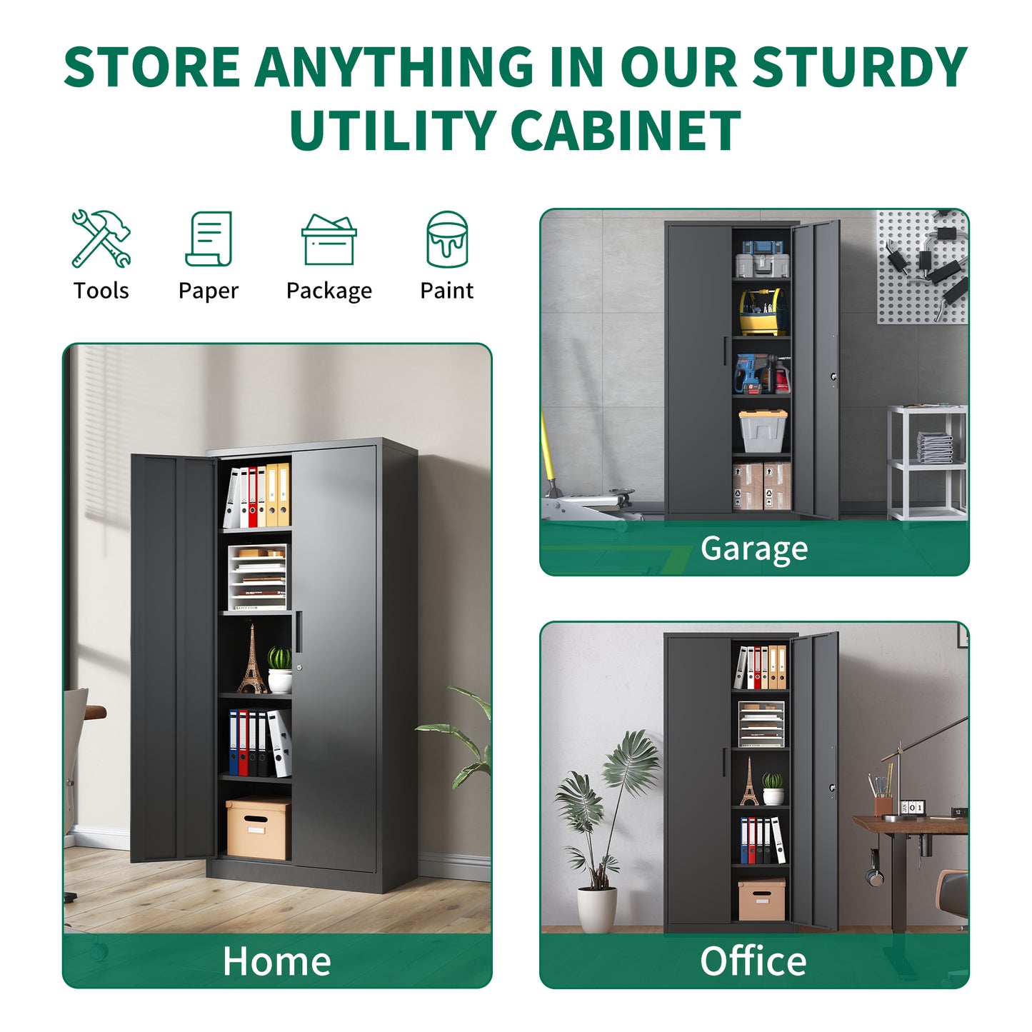 VIYET 72"H Metal Garage Storage Cabinet, Black Lockable Steel Cabinet with 4 Adjustable Shelves & Doors for Home Office Pantry Classroom