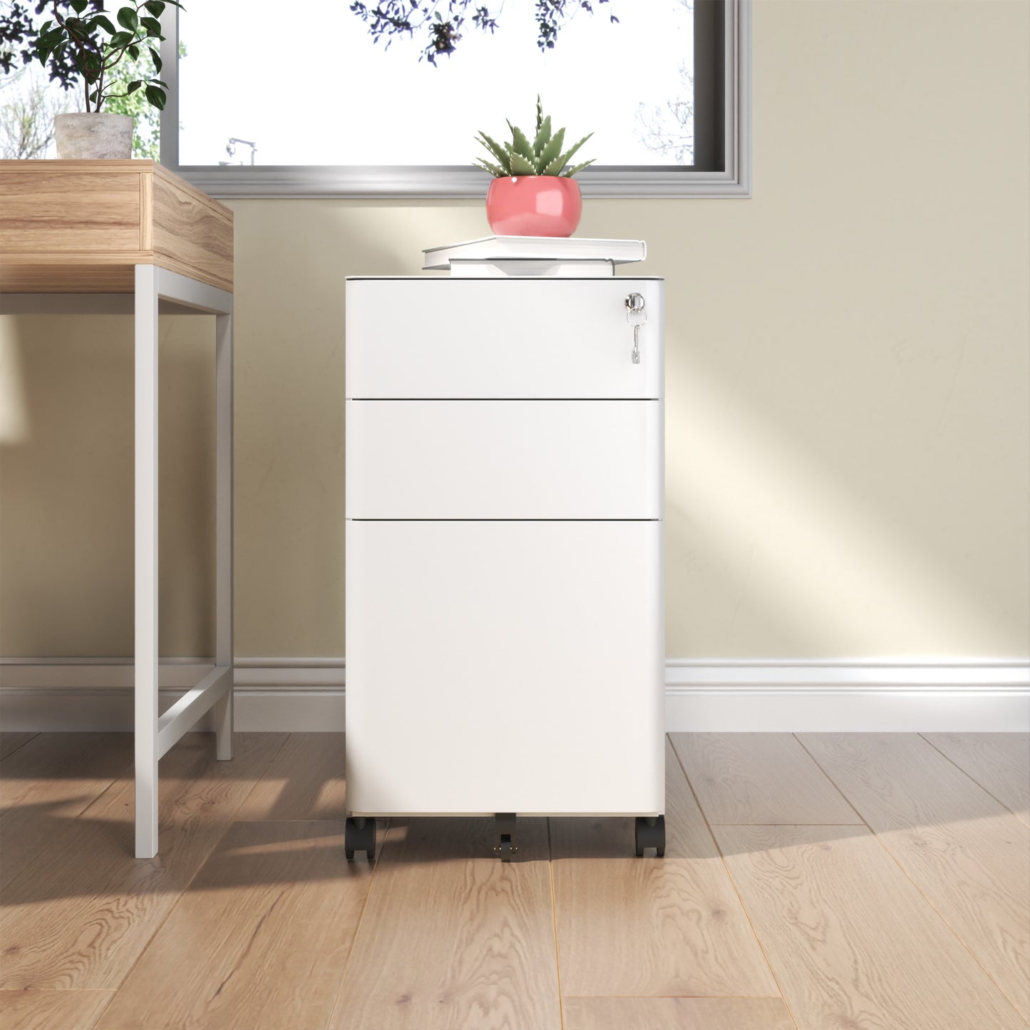 VIYET 3 Drawer Mobile File Cabinet with Lock, Steel Under Desk Rolling Filing Cabinet, Anti-Tip Design for Home Office