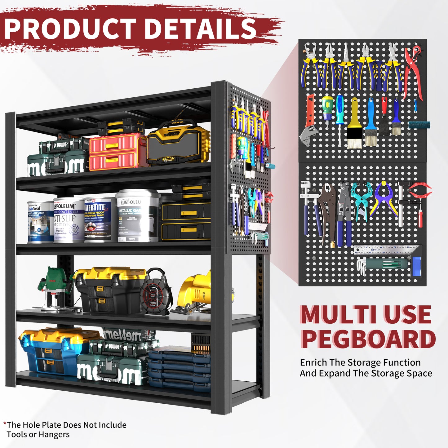 VIYET 72"H 5-Tier Adjustable Metal Shelving with Pegboard, 2000LBS Heavy-Duty Storage Rack for Garage Kitchen Office