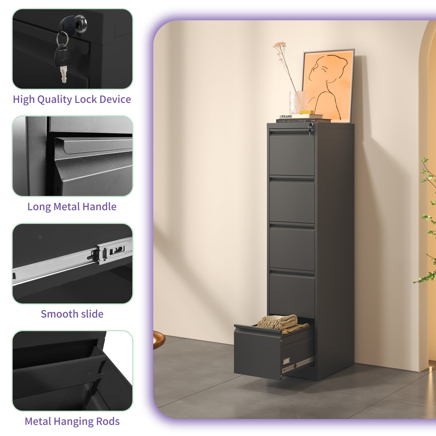 VIYET 64" 5-Drawer Metal Vertical File Cabinet with Lock, Tall Filing Cabinet for Home Office, Fits Letter, Legal & A4 Files