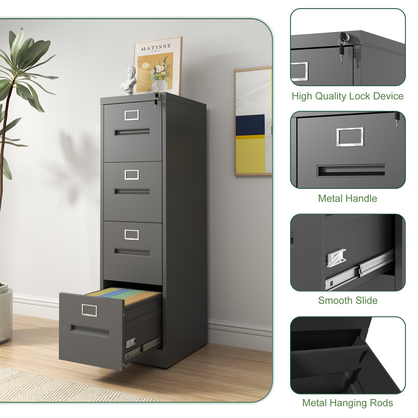 VIYET 52"H 4-Drawer Narrow Metal Vertical File Cabinet with Lock, Black, Fits A4/Letter/Legal, Home Office Steel Filing Cabinet