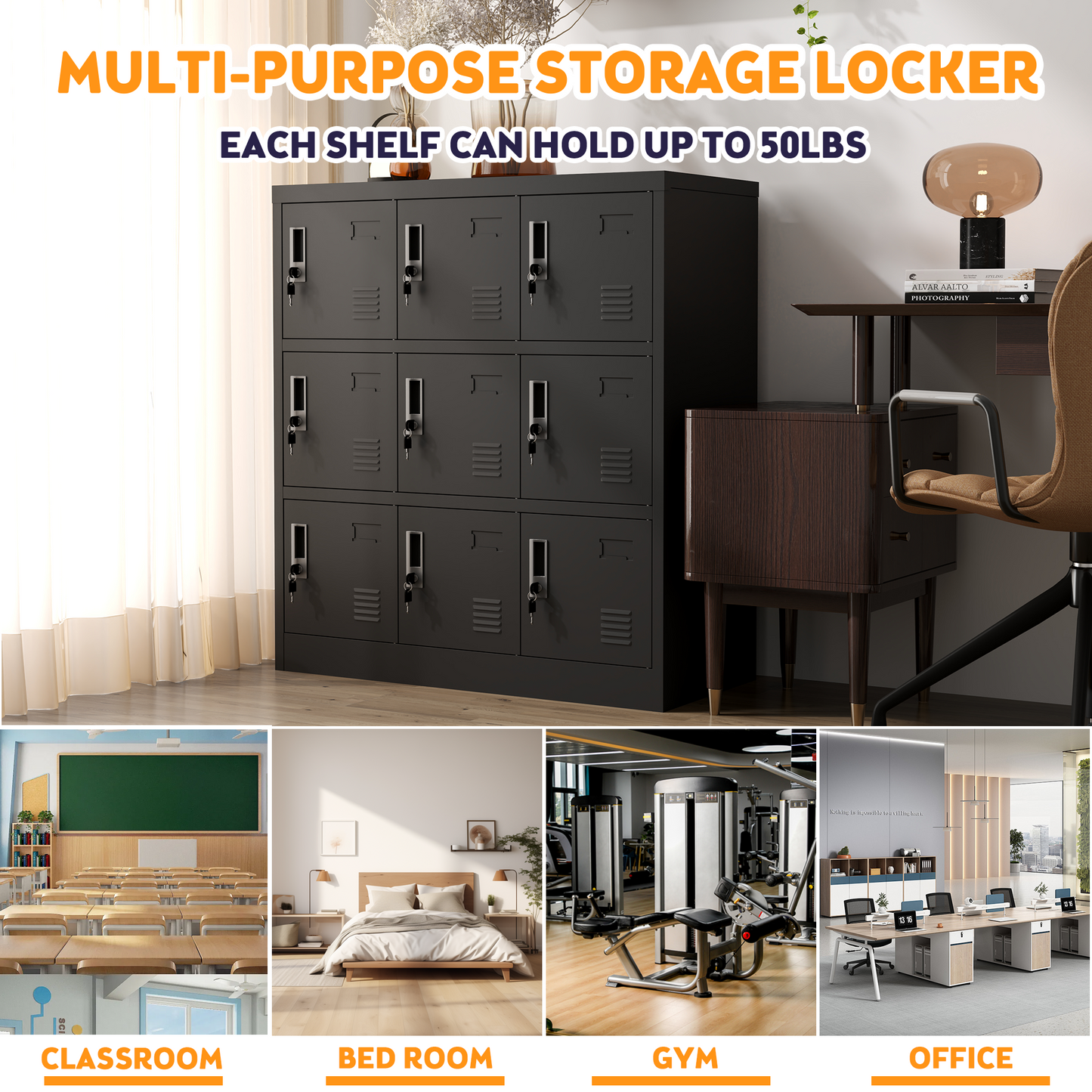 VIYET 9-Door Metal Storage Locker with Lock and Card Slot, Black Freestanding Cabinet for Office, Gym, School & Home Storage