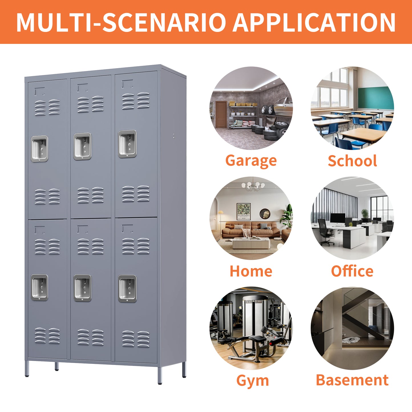 VIYET 72"H 6-Door Metal Locker Cabinet, Gray Steel Storage w/ Independent Locks (for Employee/Gym/Office/School)
