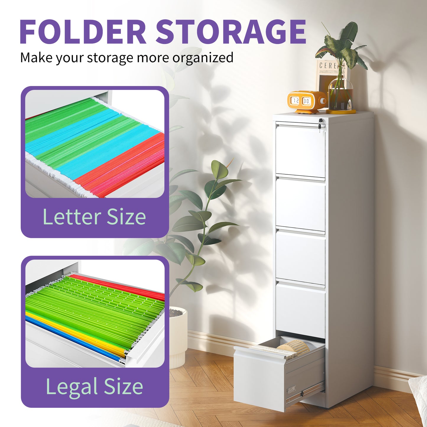 VIYET 64" White 5-Drawer Vertical Metal File Cabinet with Lock, Tall Locking Filing Cabinet, Fits Letter Legal & A4 Files