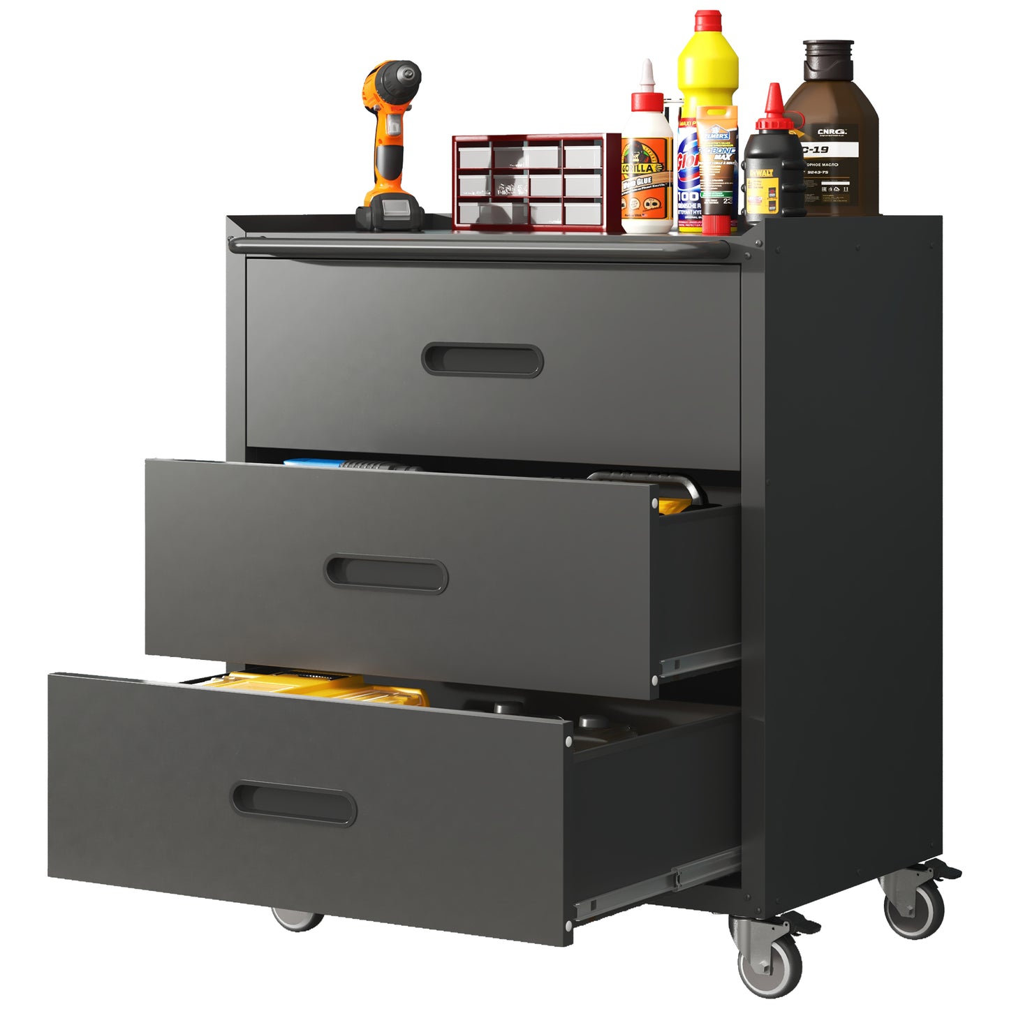 VIYET 35"H 3-Drawer Heavy-Duty Steel Storage Cabinet, Lockable Wheels,200LBS Capacity, Garage/Office/Home, Black+Gray