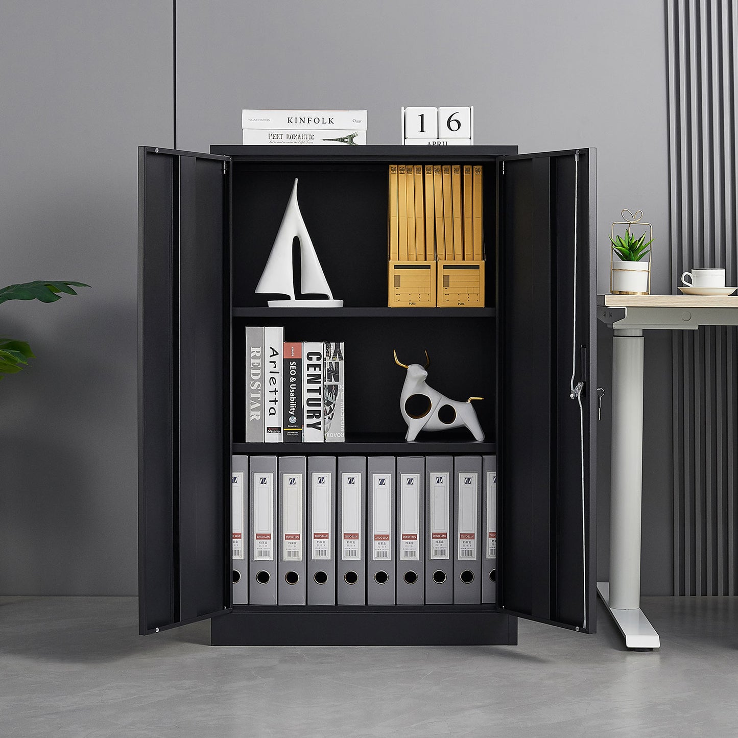 VIYET 41.97"H Metal Folding Storage Cabinet, Filing Cabinet w/ Locking Doors & Adjustable Shelf, Black