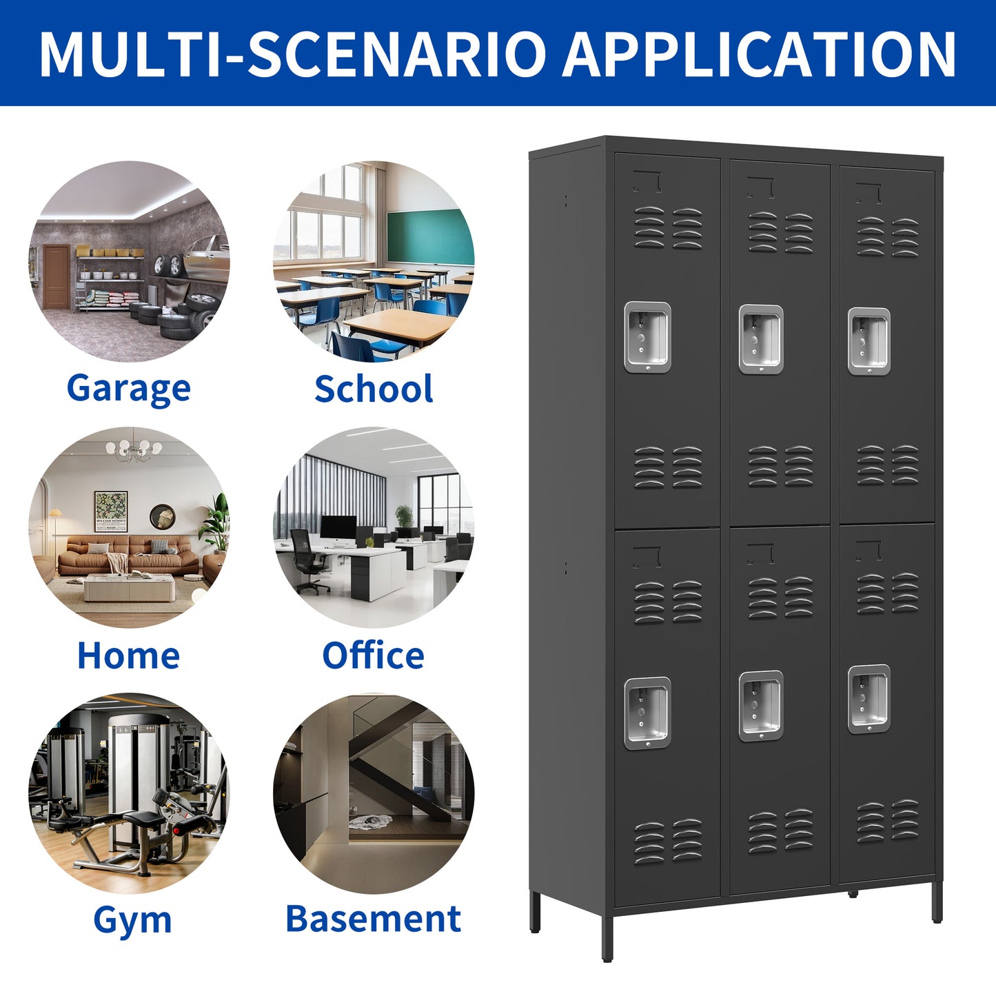 VIYET 72" 6 Door Metal Storage Locker Cabinet with Locks, Freestanding Employee Locker for Office, School, Gym, Garage & Home, Black