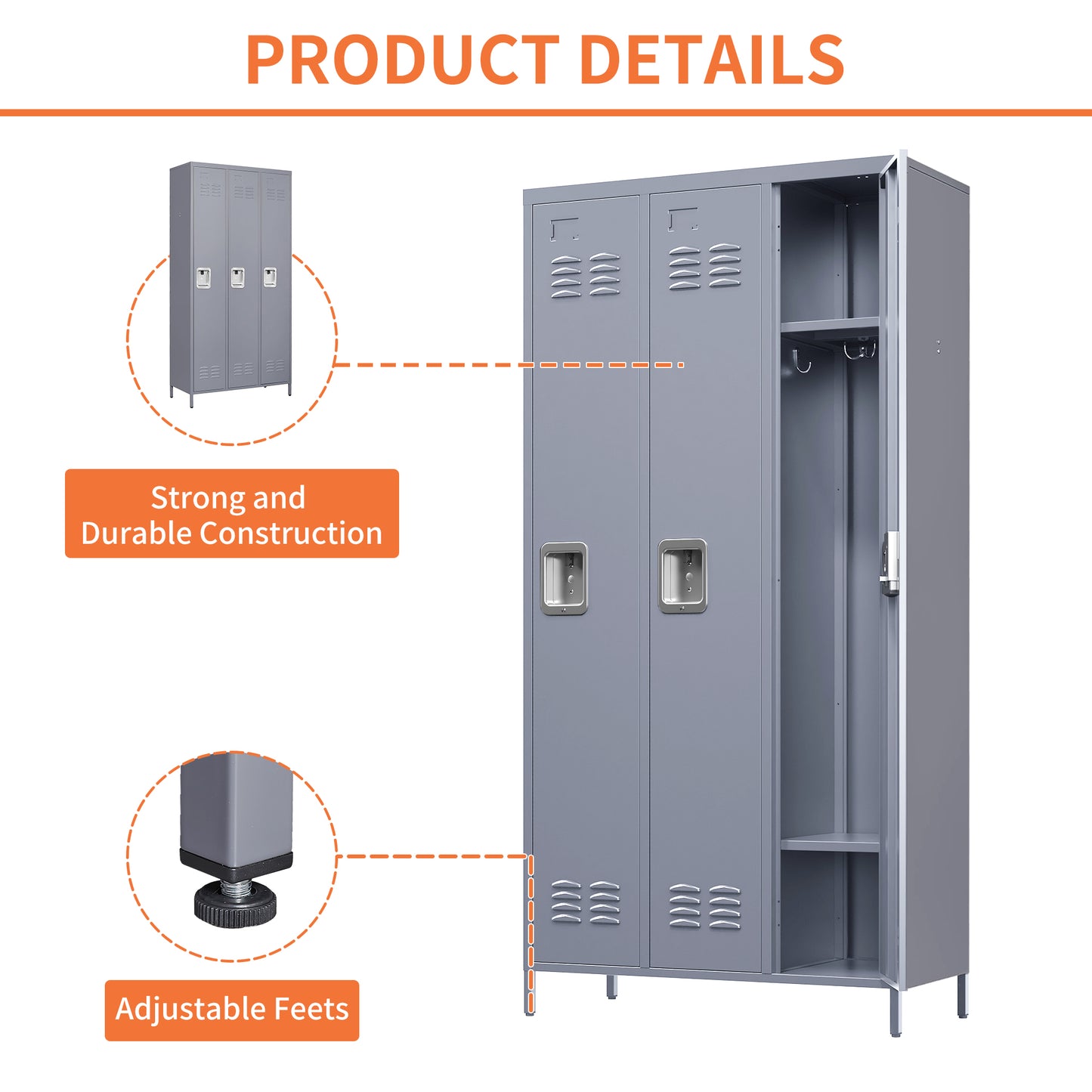 VIYET 72" 3-Door Metal Locker Cabinet, Gray Steel Storage w/ Independent Locks (Employee/Gym/Office/School Organizer)