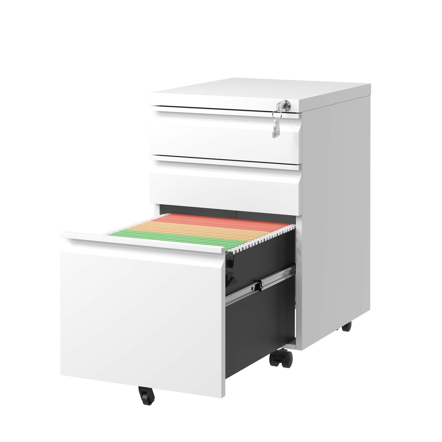 VIYET 3-Drawer Mobile File Cabinet with Lock, Rolling Metal Filing Cabinet for Home Office, Fits Letter, Legal & A4 Files, White