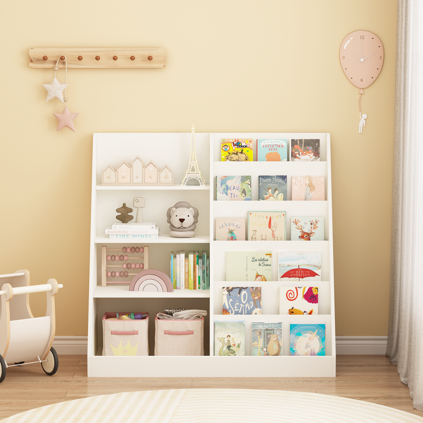 VIYET Kids Bookshelf and Toy Storage Organizer, 4 Tier Wooden Book Display Shelf with Storage Bin for Playroom, Nursery and Bedroom, White